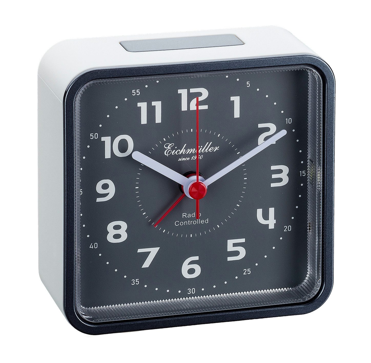 Eichmüller Funkwecker 9842-01 Analog Weiß quadratisch leise Snooze Licht Nachttischwecker
