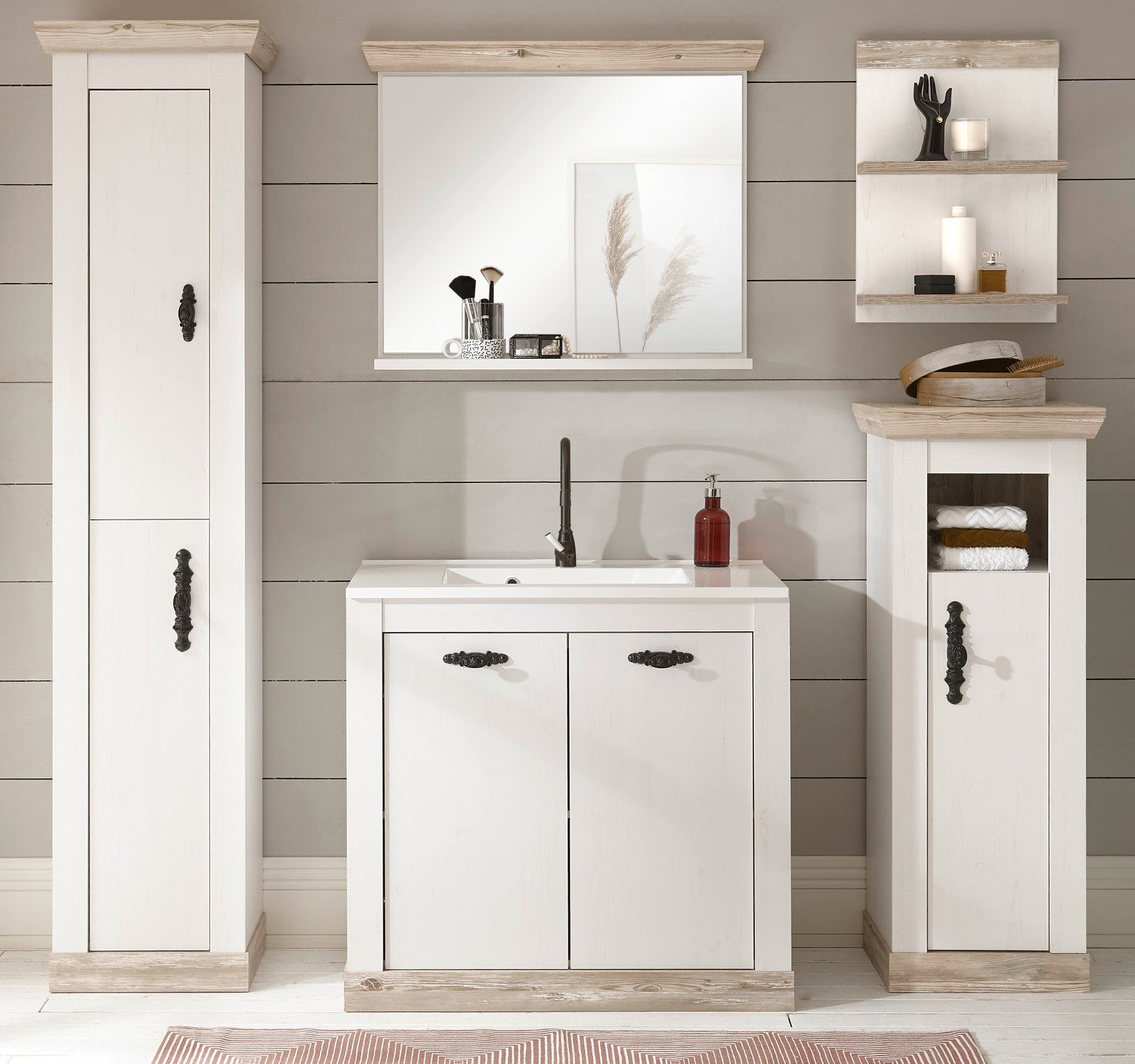 Furn.Design Waschtisch-Set Rovola, (in weiß Pinie Landhausstil, 6-St., 205 x 200 cm), inklusive Waschbecken