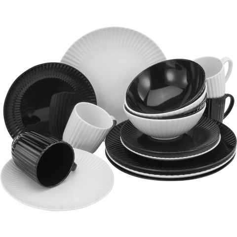 CreaTable Kombiservice Geschirr-Set Allegra Black & White (16-tlg), 4 Personen, Porzellan, Service, in Schwarz/Weiß, Made in Europe, 16 Teile für 4 Personen