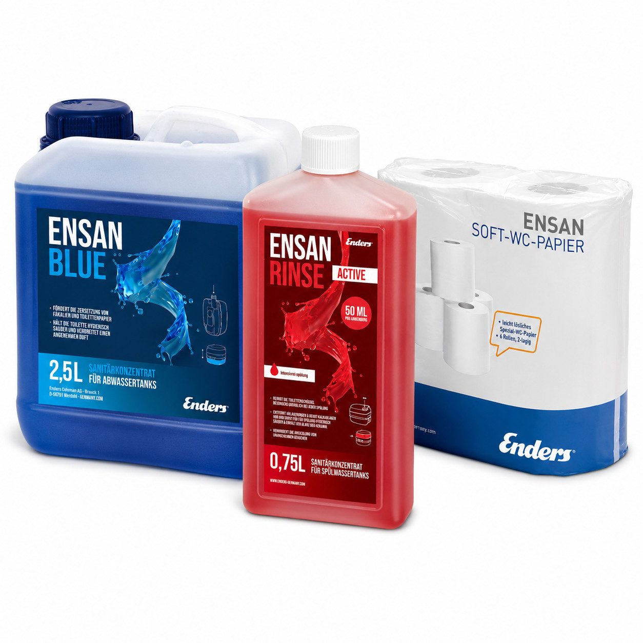 Enders® Campingtoilette Soft WC-Papier + Ensan Rinse + 2,5 L Ensan Blue Flüssigkeit
