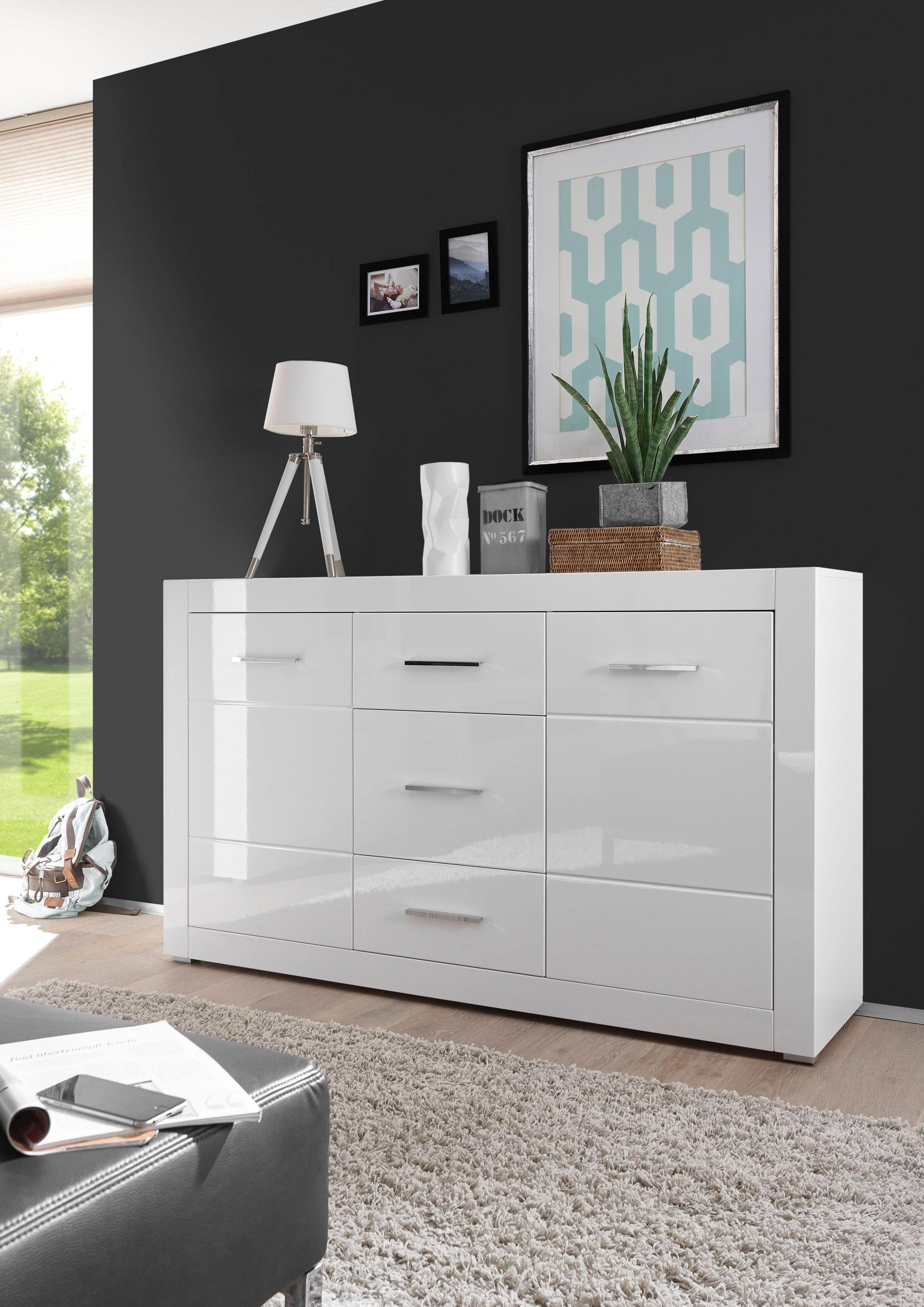Home affaire Sideboard Bianco, moderner Schrank, Kommode in Weiß Hochglanz, silberne Metallgriffe, ausreichend Stauraum, zeitlos, 164 cm breit