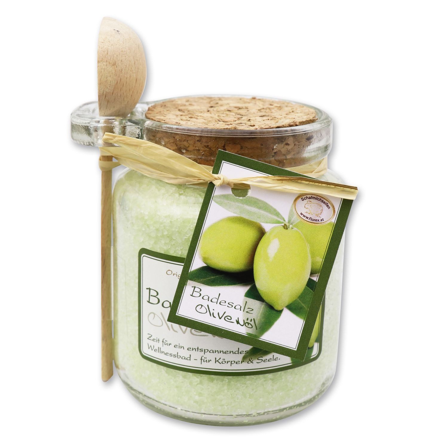 Gerlinde Hofer _ Florex GmbH Badezusatz B1420OLI Olivenöl, Badesalz mit Bio Schafmilch im Glas mit Holzlöffel 300 g