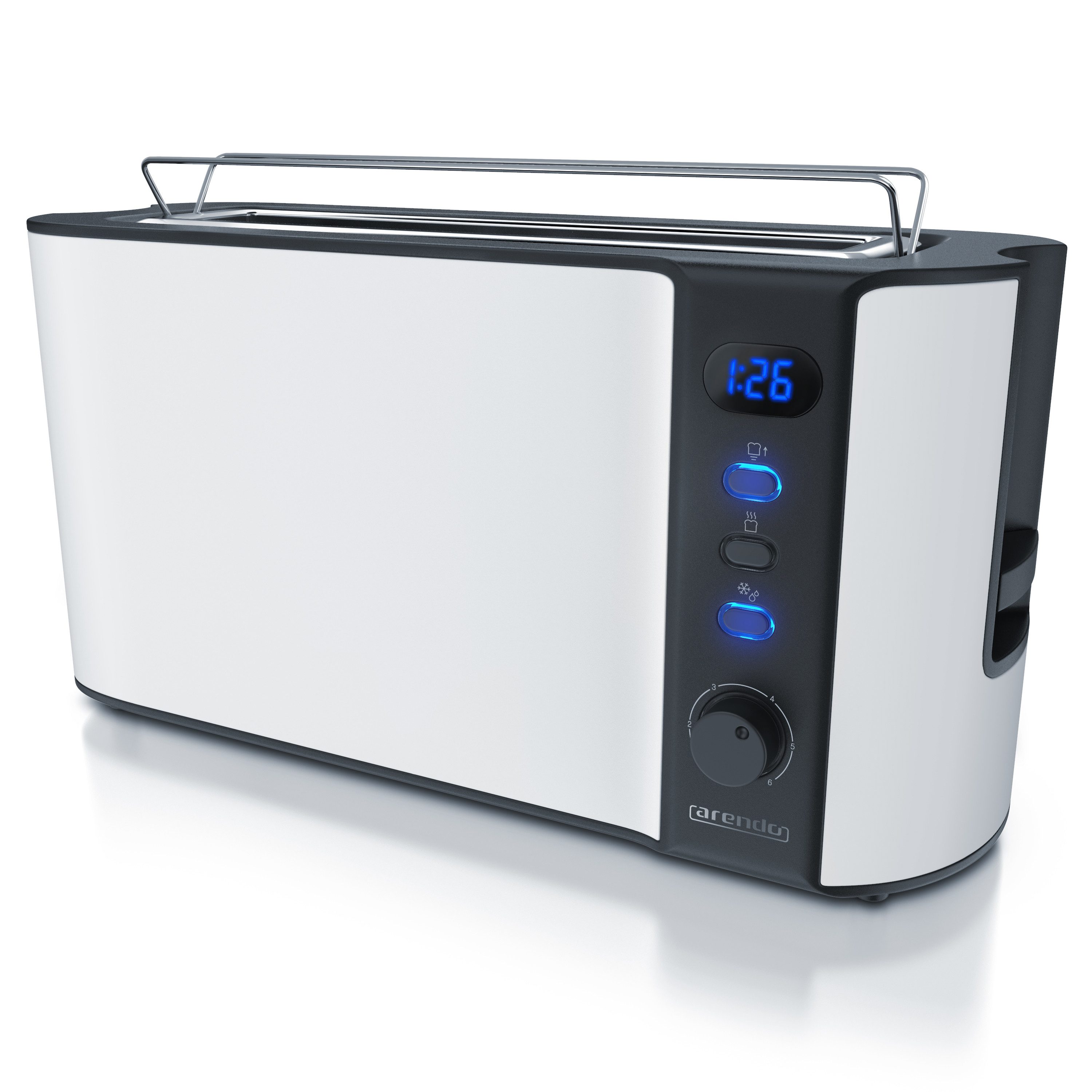 Arendo Toaster Langschlitz, Edelstahl, Display mit Restzeitanzeige, Brötchenaufsatz, 1 langer Schlitz, für 2 Scheiben, 1000 W, Defrost Funktion, Wärmeisolierendes Gehäuse, Krümelschublade