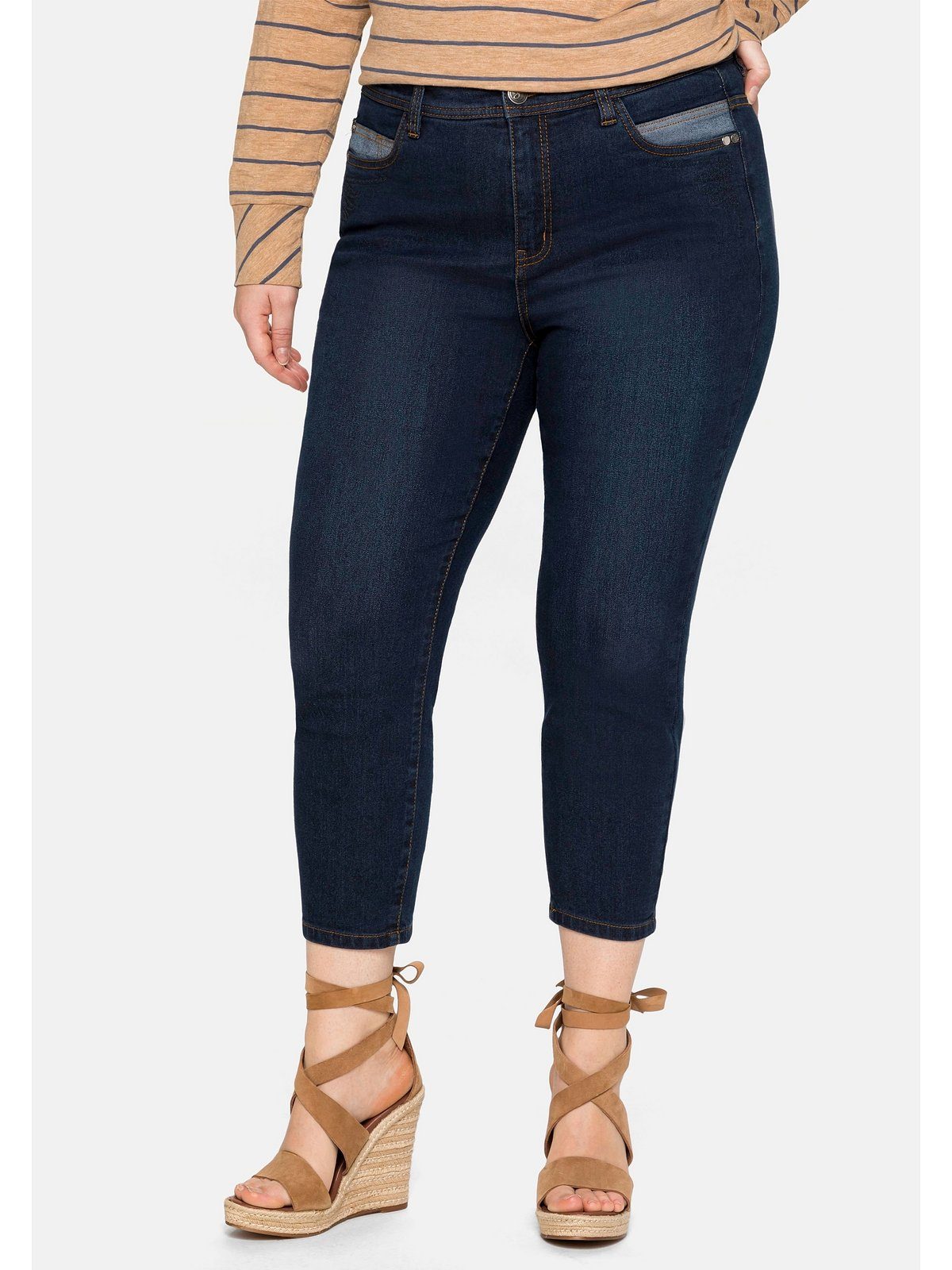 Denim in Stickerei Große Sheego Größen blue Stretch-Jeans dark mit vorn 7/8-Länge,