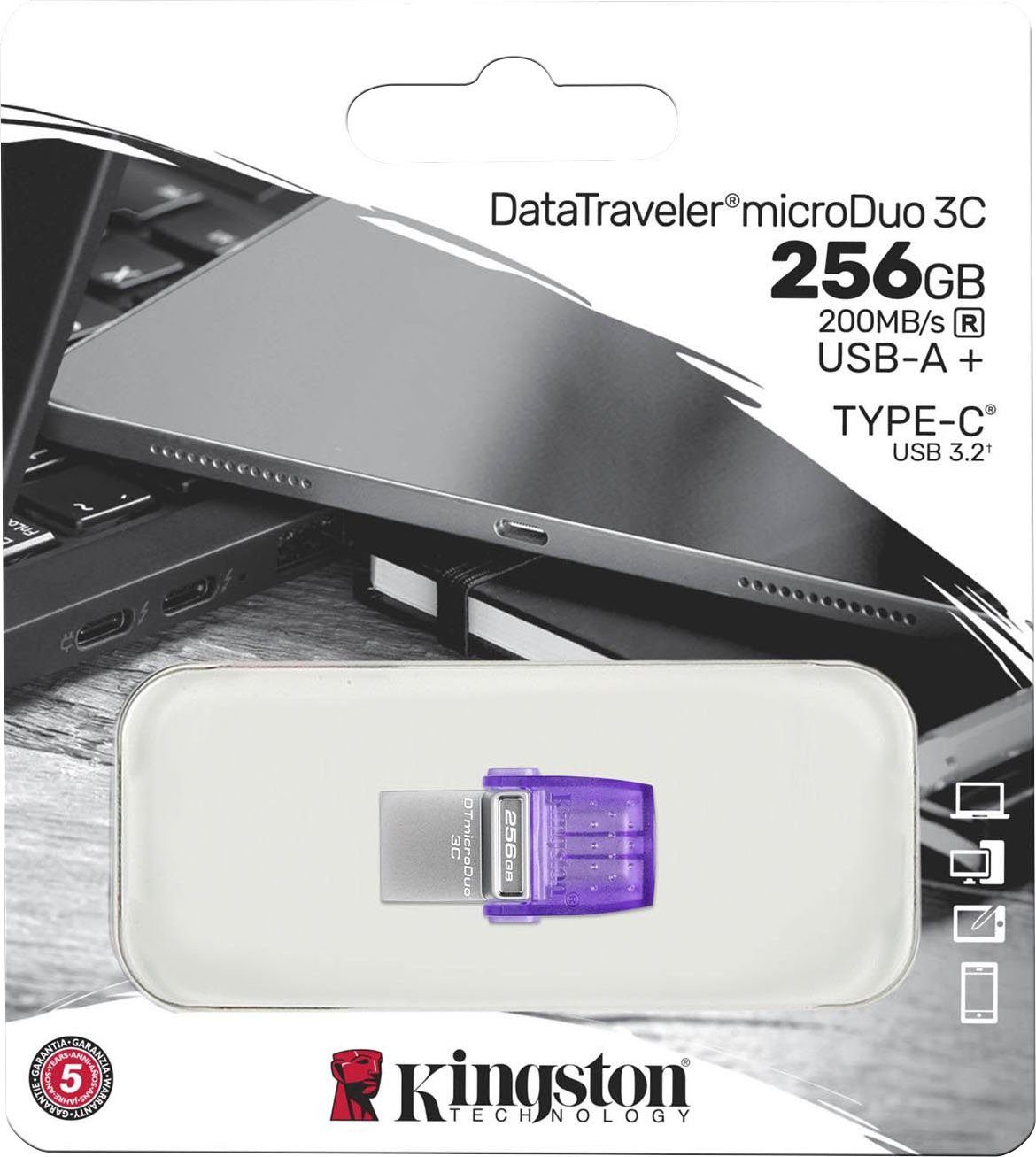 Kingston DATATRAVELER® MICRODUO™ 3C 256GB USB-Stick (USB 3.2, Lesegeschwindigkeit 200 MB/s)