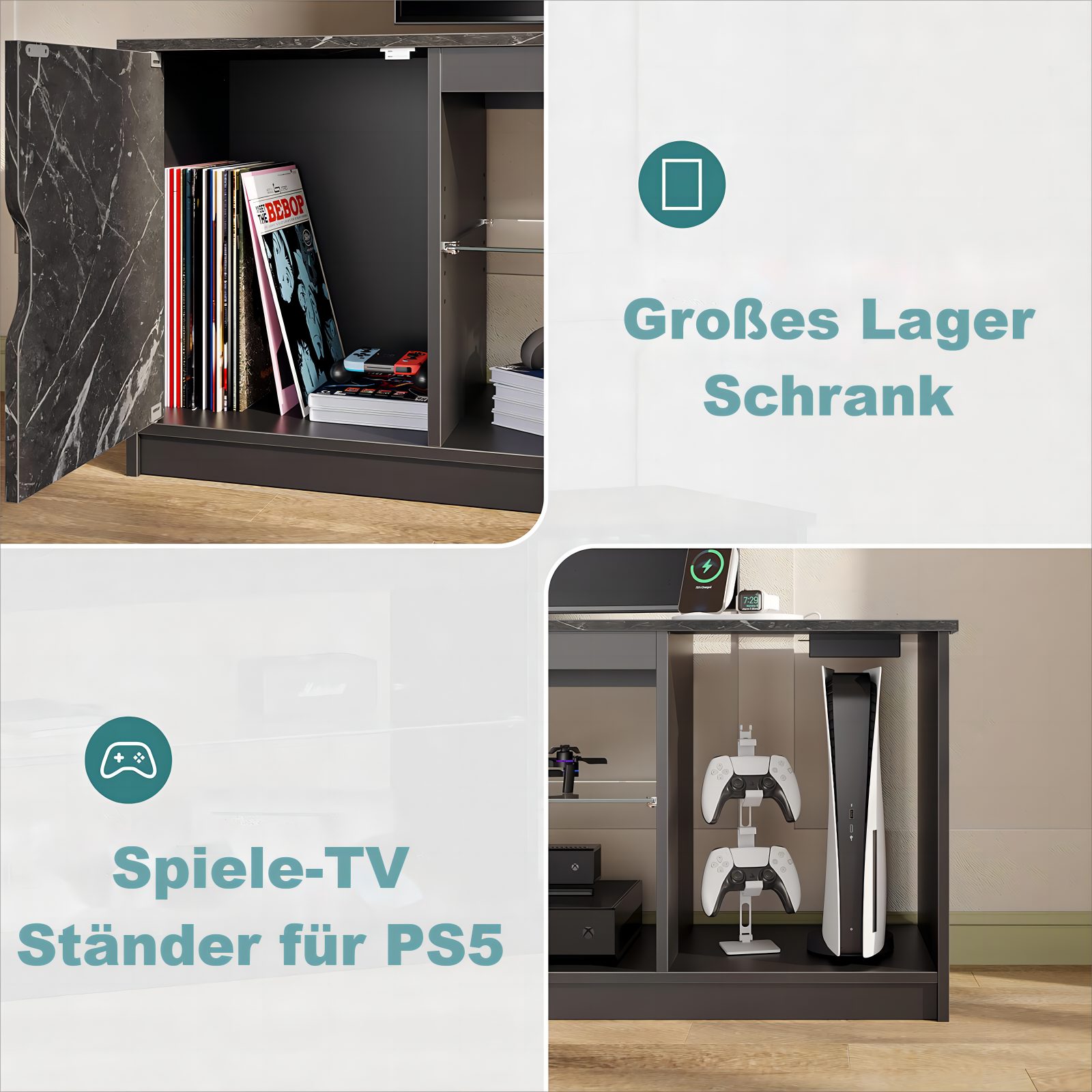 Bestier Lowboard TV-Schrank, Fernsehschrank mit RGB-LED (Breite 144,8 cm mit 2 offenen Fächern und 1 Tür), Fernsehtisch mit verstellbaren Glasböden für Wohnzimmer, Schlafzimmer
