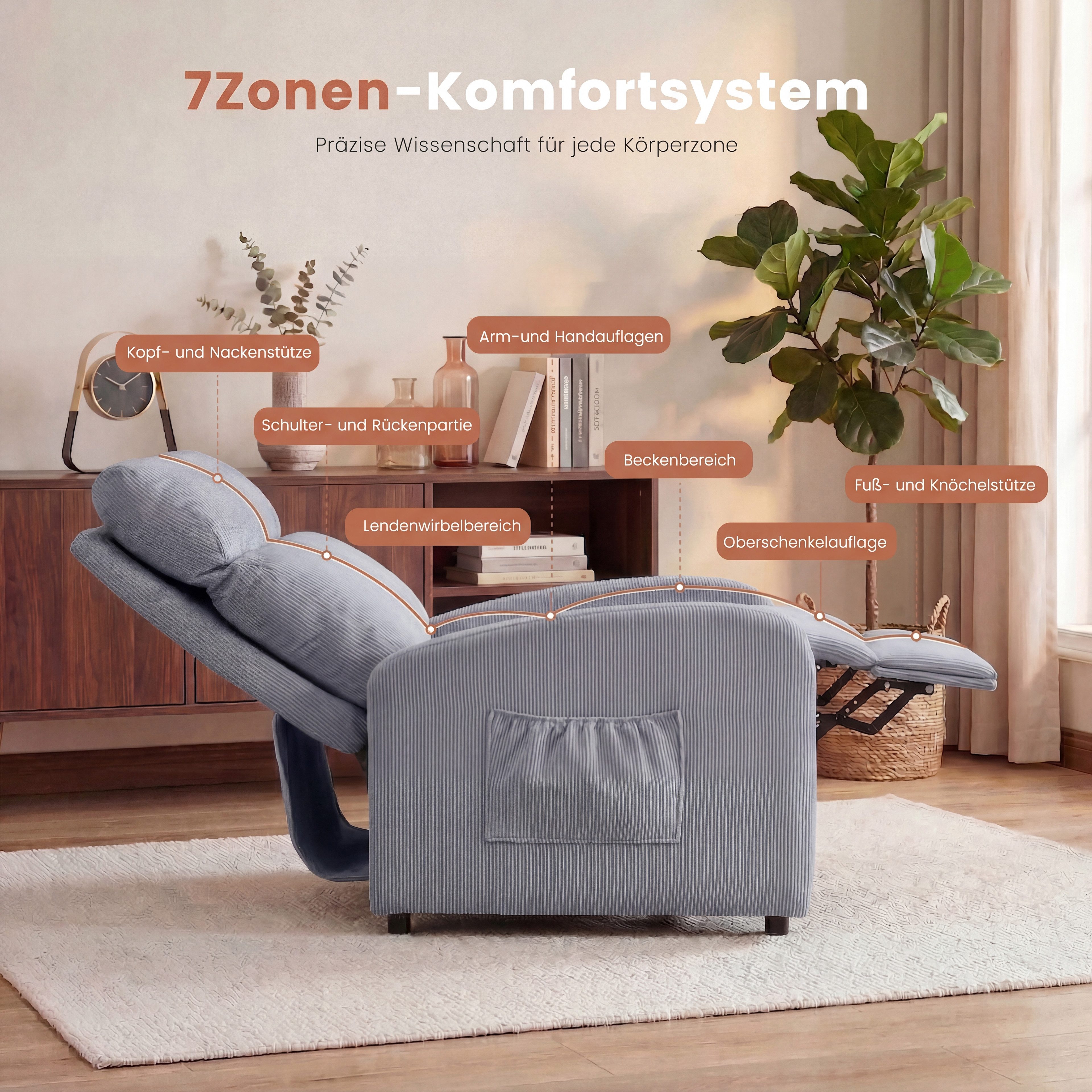 oyajia Relaxsessel Ergonomischer Liegesessel mit Relaxfunktion (verstellbare Rückenlehne & Seitentasche für mehr Funktion, Cordstoff), Fernsehsessel, bis 150 kg belastbar, 95°-145°