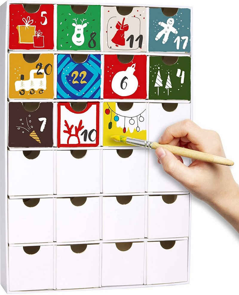 BRUBAKER befüllbarer Adventskalender 32,5 cm DIY Weihnachtskalender zum Bemalen und Basteln - Weiß (1-tlg), Kalender Weihnachten - Selbstbasteln und Befüllen