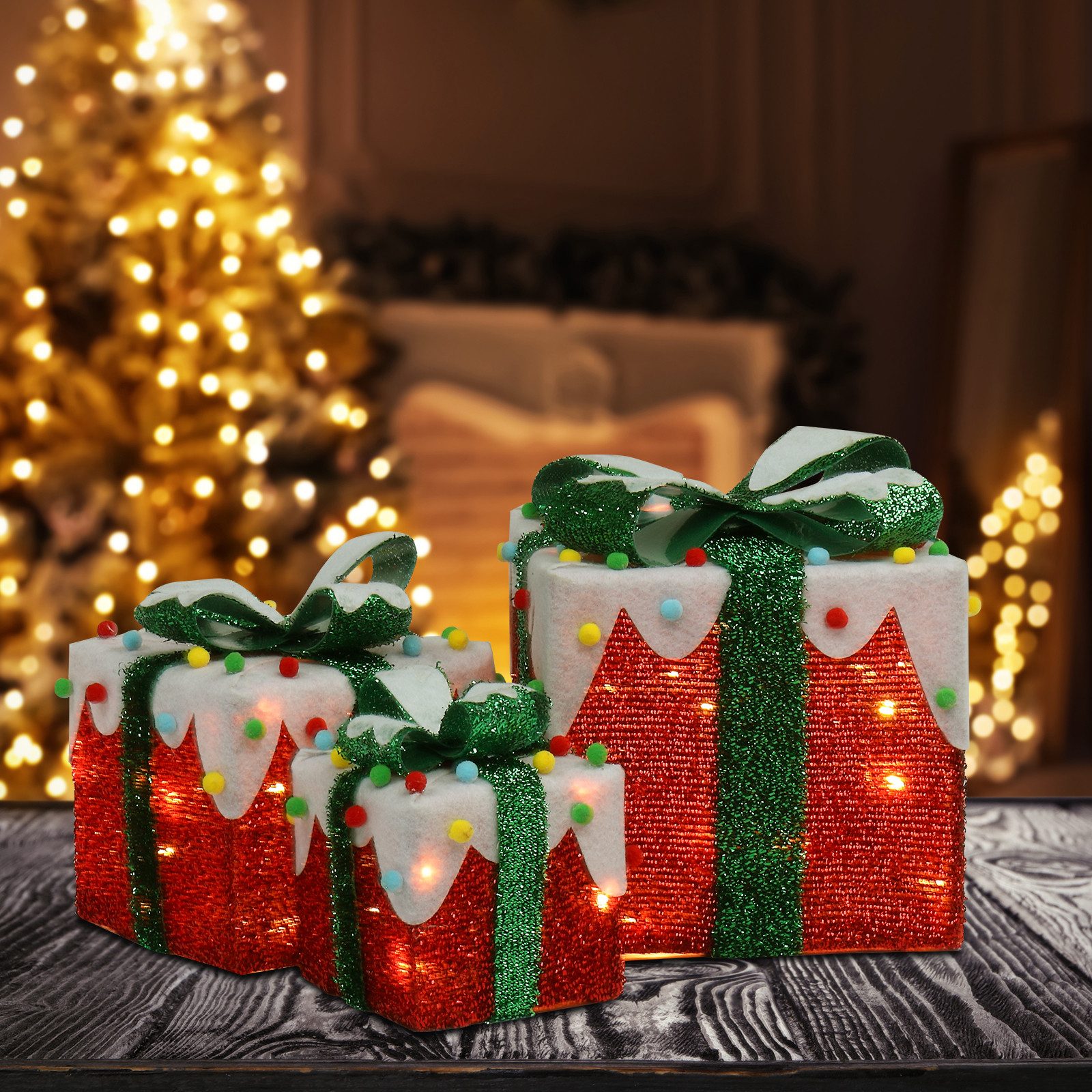 LALAHO LED Dekolicht LED Geschenkbox Weihnachtsdeko 3er Set, mit 60 warmweißen LEDs Weihnachtsdeko beleuchtete 18/13/10 cm