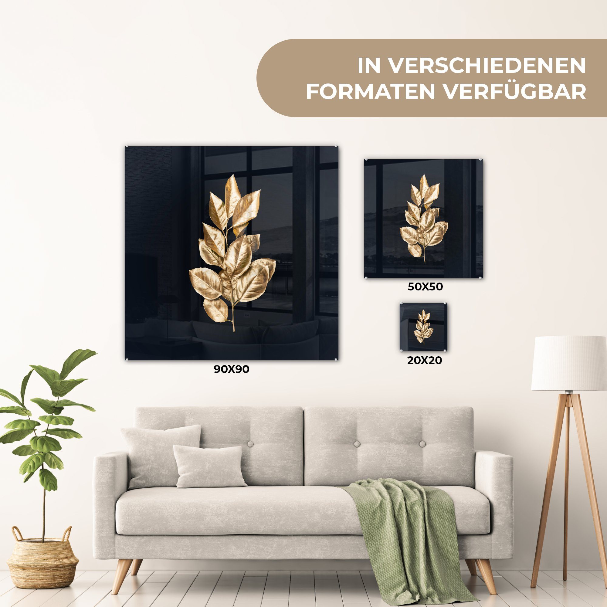 MuchoWow Acrylglasbild Pflanze - - - Schwarz auf bunt auf - Blätter Gold - Luxus, Bilder - (1 Wandbild Glas - Glas Wanddekoration Foto Glasbilder St)