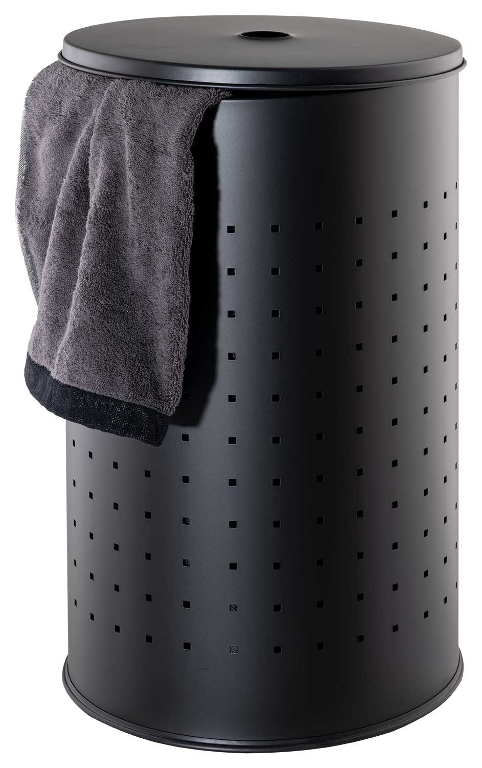 Home4You Wäschetonne Schwarz, Edelstahl, 54 Liter, Höhe 57 cm, Ø 35 cm, (1 St), mit Deckel und Belüftungslöcher