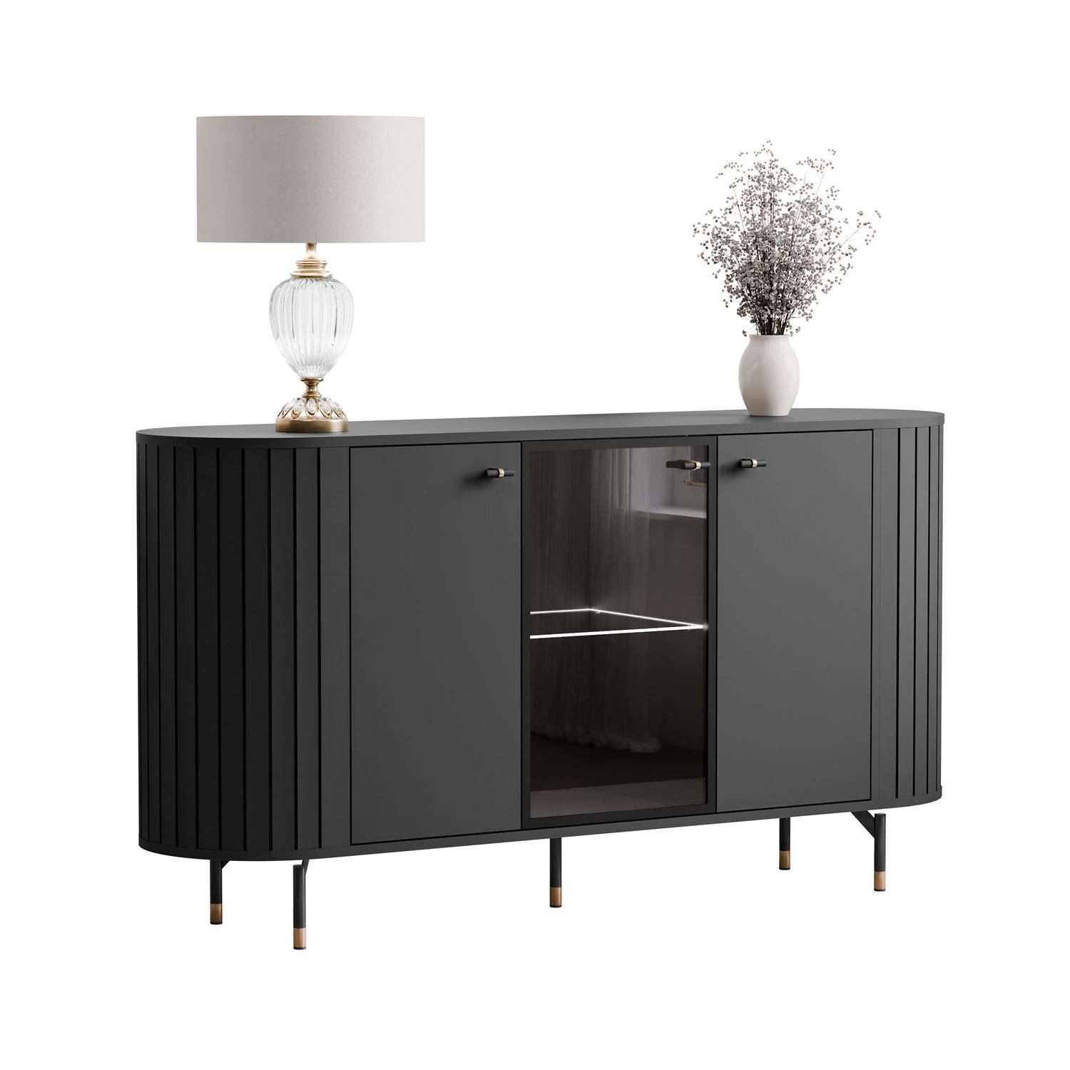 yourhouse24 Kommode LINNEA 150cm 3D LED & Glas Runde Ecken Kaschmir/Schwarz