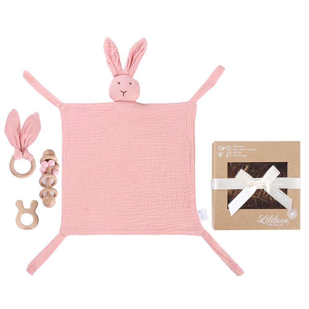 Lililove Geschenkset Neugeborenen-Geschenkset Kuschel- Bunny Box, Rose (Geschenkset, Set zur Geburt, New born, Geschenkset, Geburtsgeschenk, Baby Set, New born Set) Bio- Baumwolle, unbehandeltes Buchenholz, nachhaltig