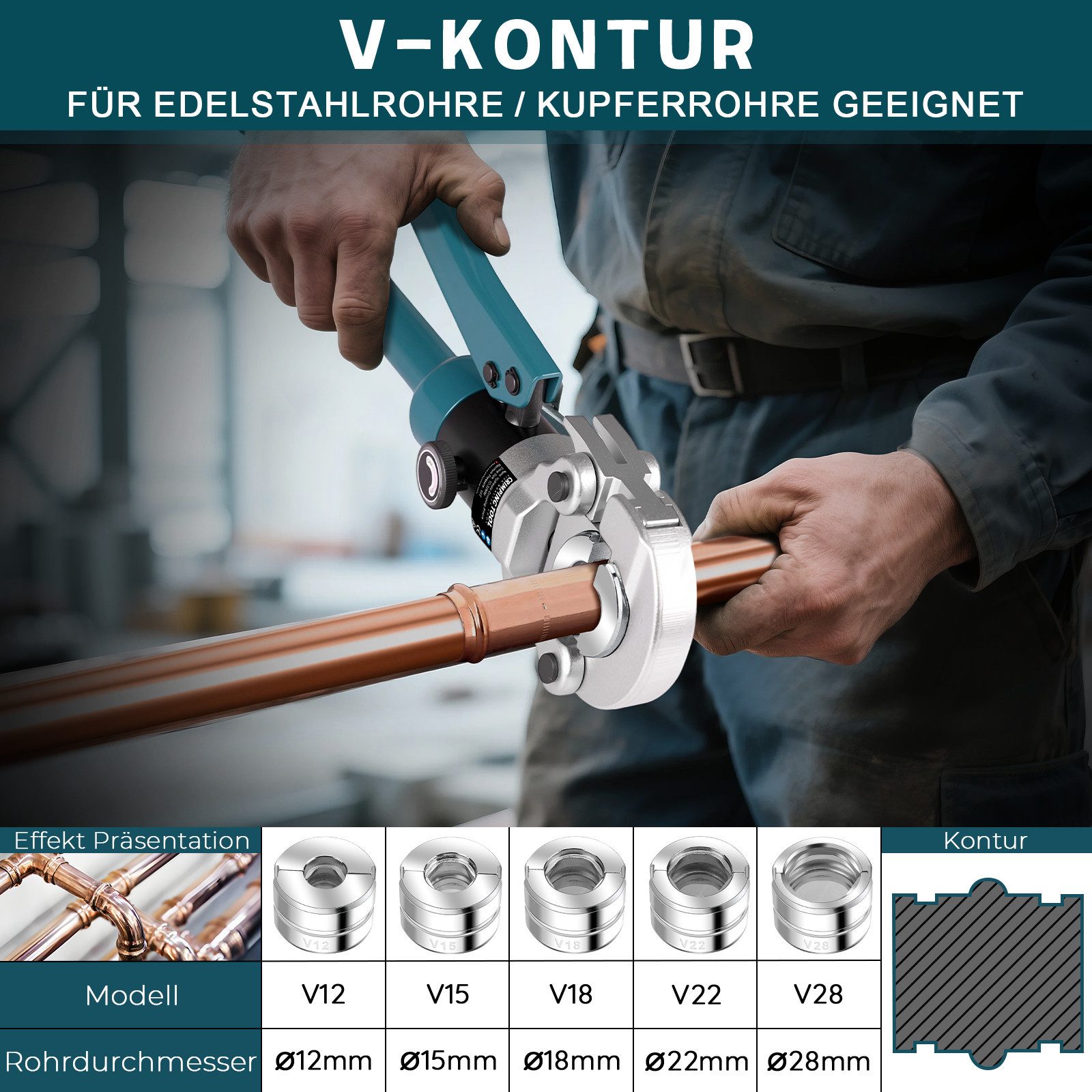 XERSEK Kneifzange Hydraulische Presszange V-Kontur Rohrpresszange Crimpzange, Presswerkzeug Handpresszange V12 V15 V18 V22 V28, Backeneinsätze mit Rohrabschneider, für Kupferrohr Und Verbundrohr