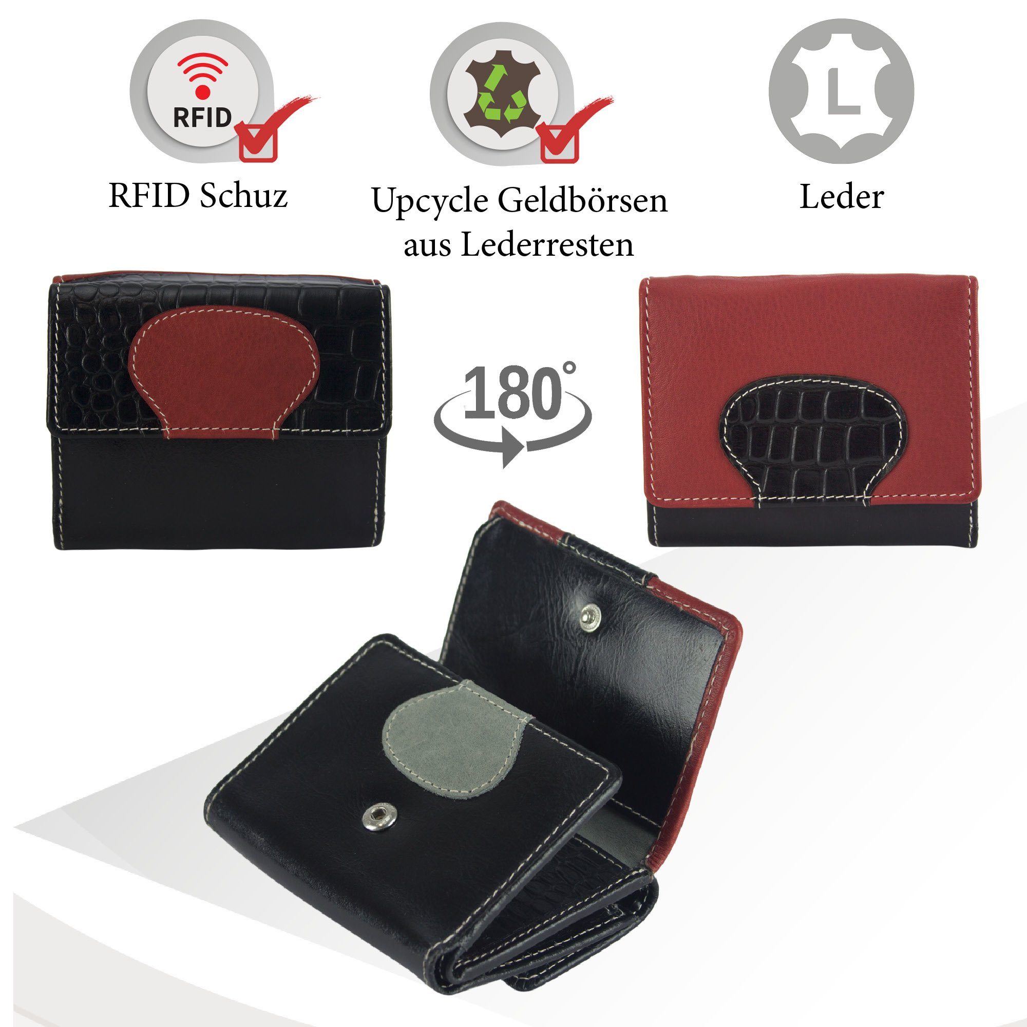 Sunsa Mini Geldbörse Portemonnaie RFID-Schutz, Geldbörse echt aus recycelten Brieftasche, Unisex Damen echt Lederresten, mit Leder Geldbeutel Leder, kleine rot/schwarz