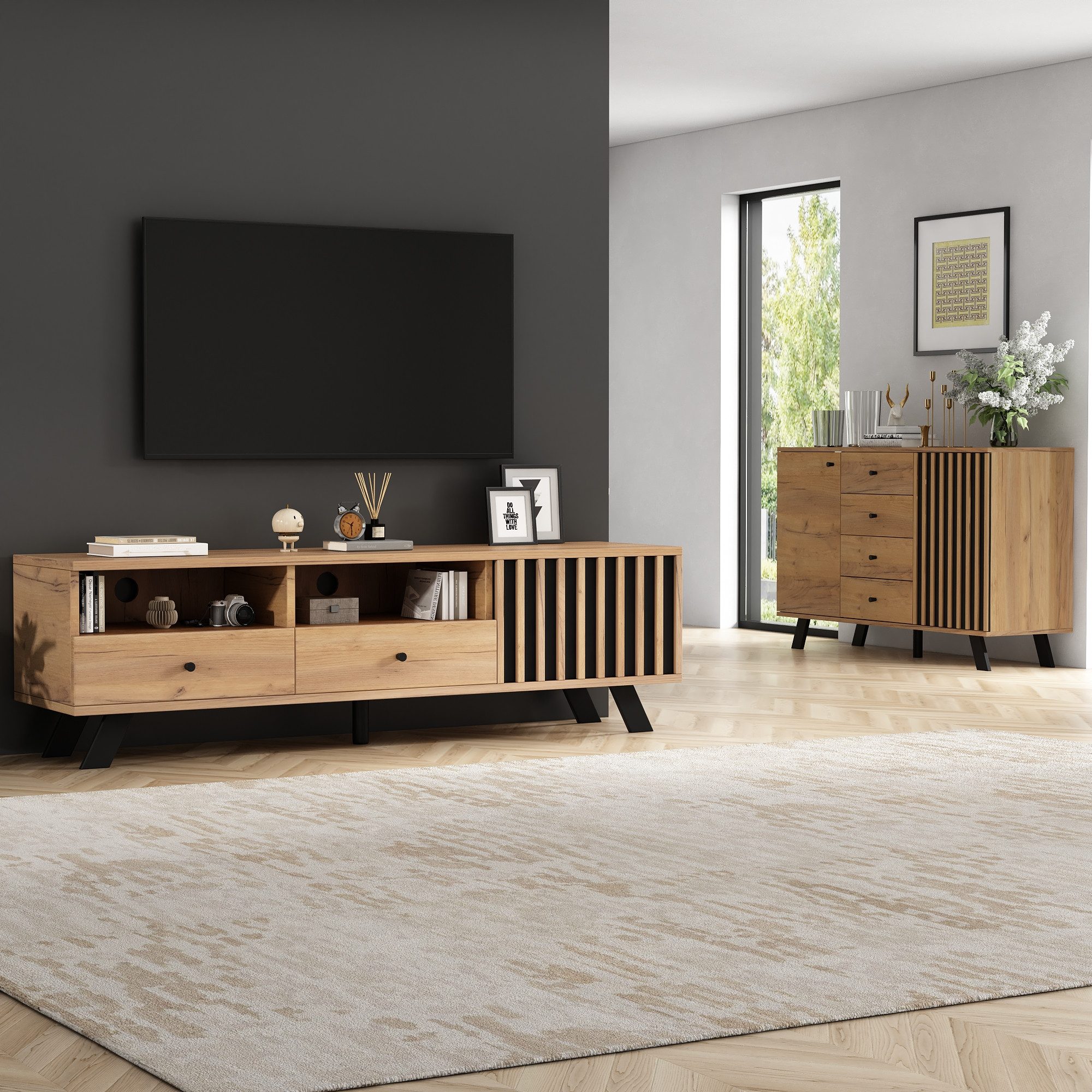 HAUSS SPOLE Wohnzimmer-Set mit TV-Regal&Sideboard, Wohnwand-Set Wohnzimmerset in Holzfarbe, (Wohnzimmerkombination, 2-St., 120 cm Sideboard + 150 cm TV-Schrank), für 60-Zoll-Fernseher, MDF+Massivholz (Tischbeine)