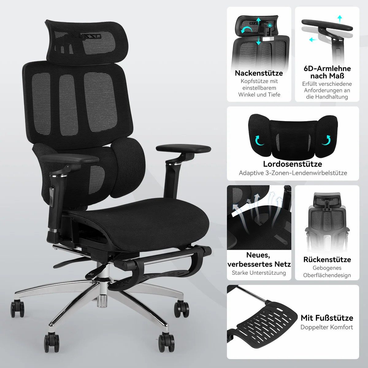 Musso Bürostuhl mit 3-Zonen-Lendenstütze, 4D-Armlehnen & Fußstütze, ergonomisch (1 St), Schreibtischstuhl, Computerstuhl, Homeoffice-Stuhl, Drehstuhl