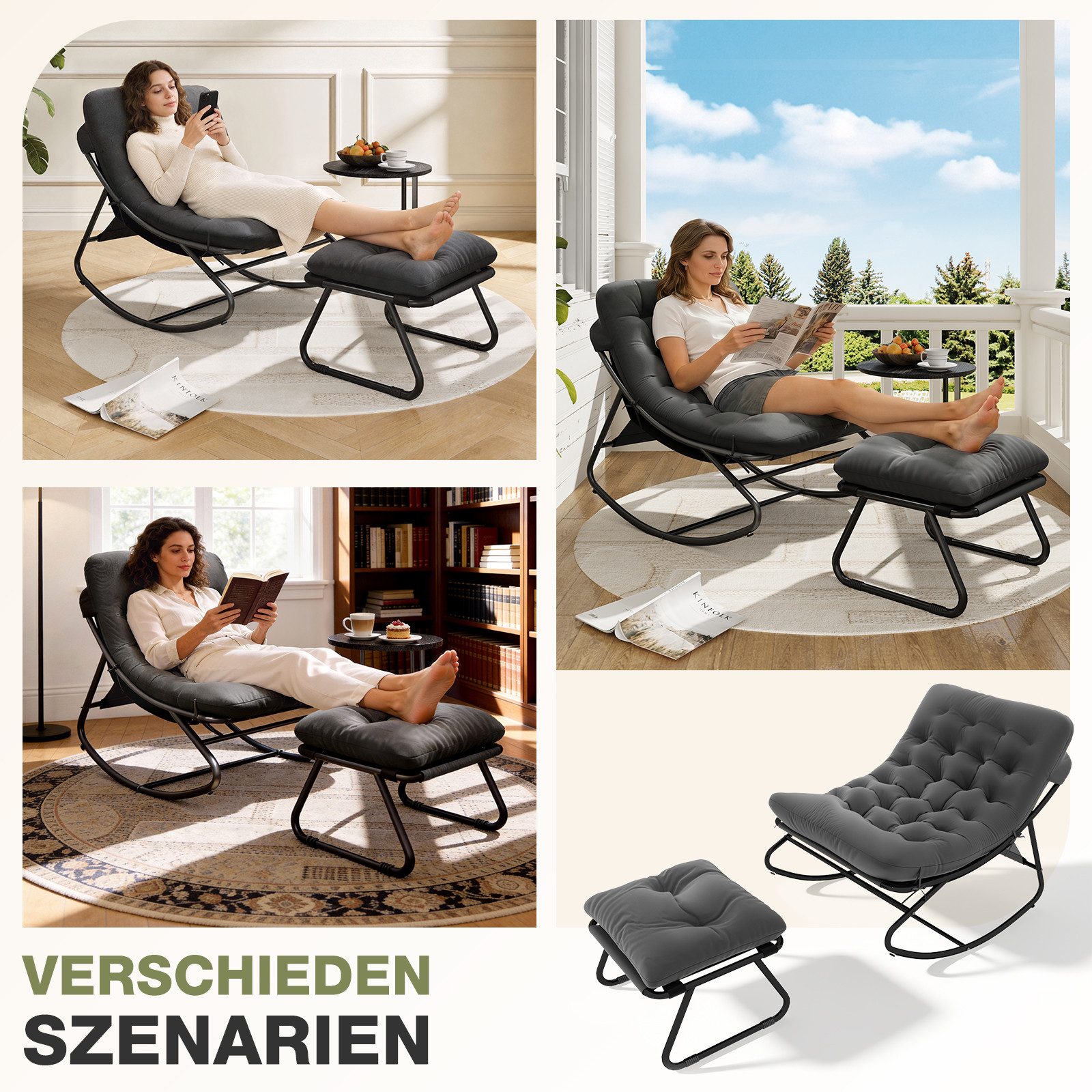 AOXUN Schaukelstuhl Loungesessel Metall Schwarzgrau, mit Hocker – Bild 5 von 5