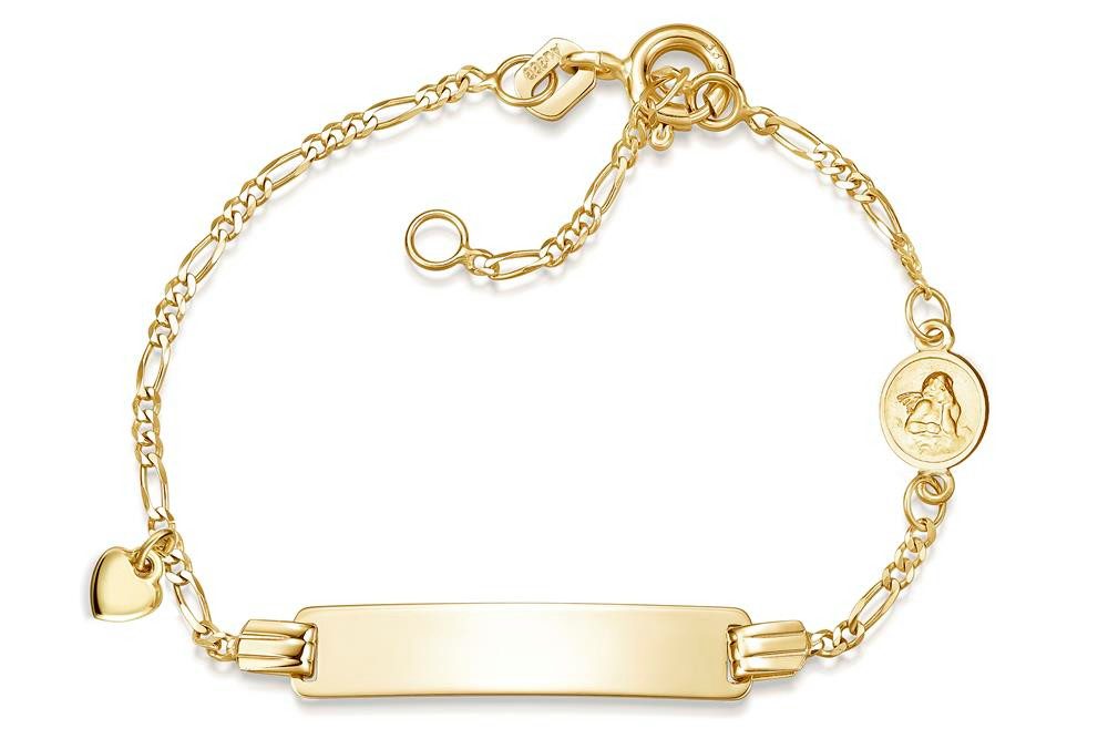 Silberkettenstore Goldarmband Kinder-Gravurarmband Figaro 2mm Herz und Schutzengel - 333 Gelbgold