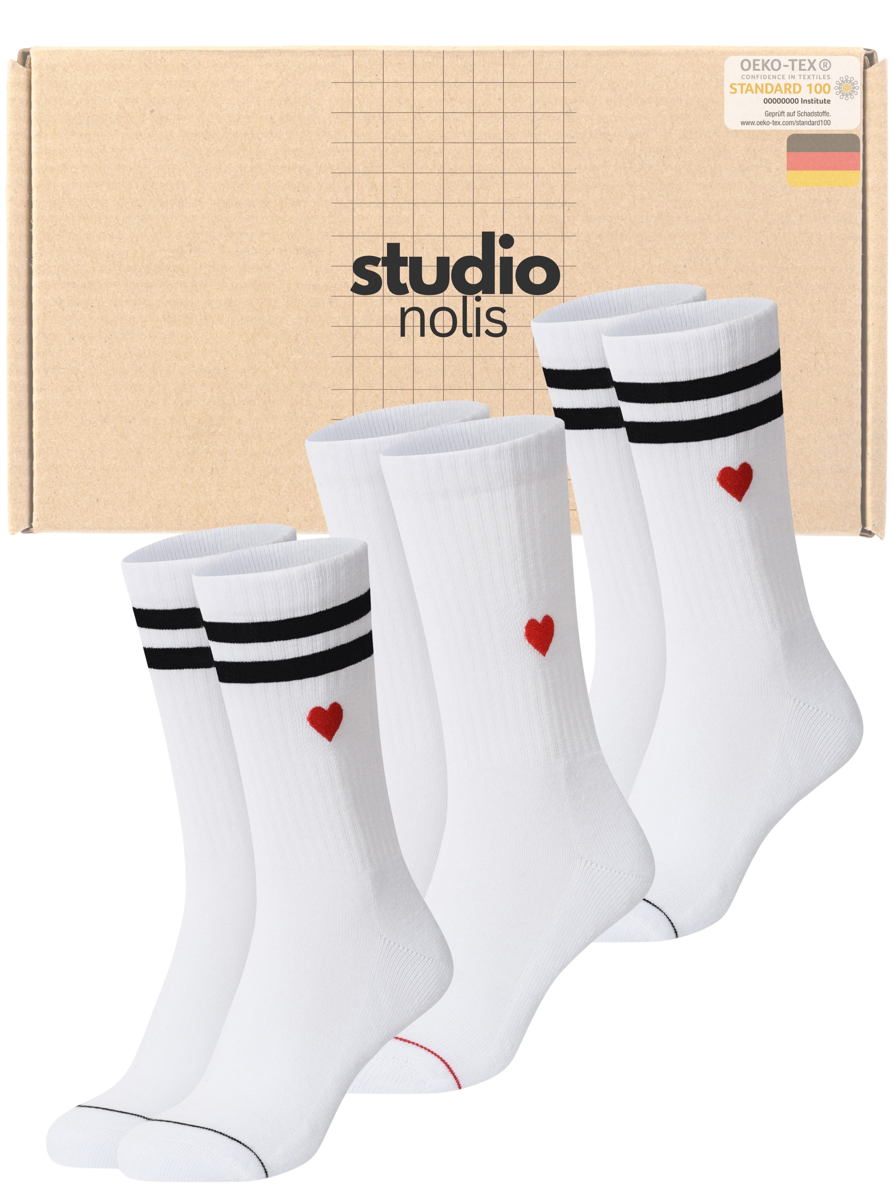 Studio Nolis Tennissocken Herz Socken Baumwolle Damen Crew Socks Stickerei Streifen (Set, 3 Paar)