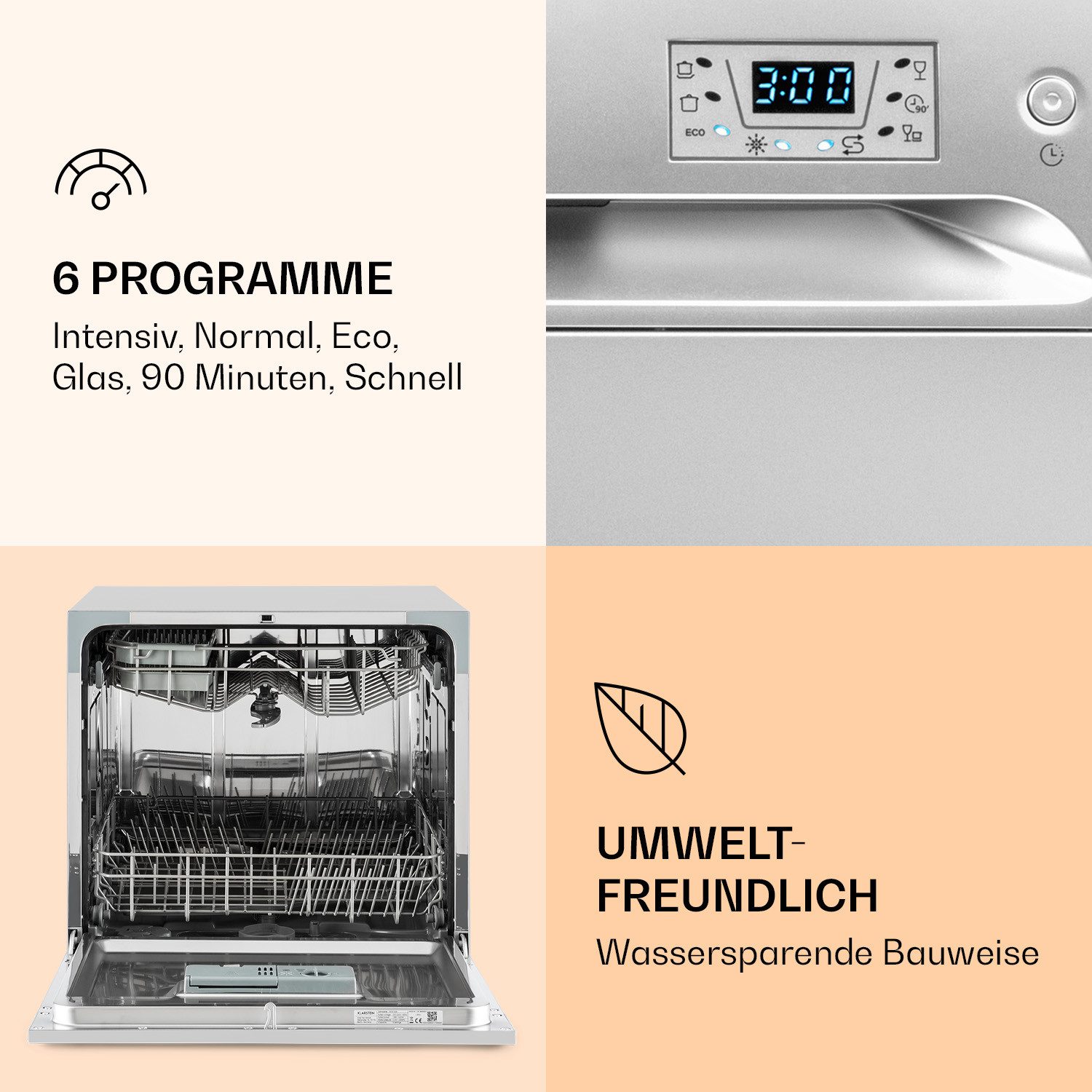 Klarstein Standgeschirrspüler DSM-Amazonia-8-S 10031524A, 6 l, Einbau Geschirrspüler vollintegriert Spülmaschine Einbauspülmaschine