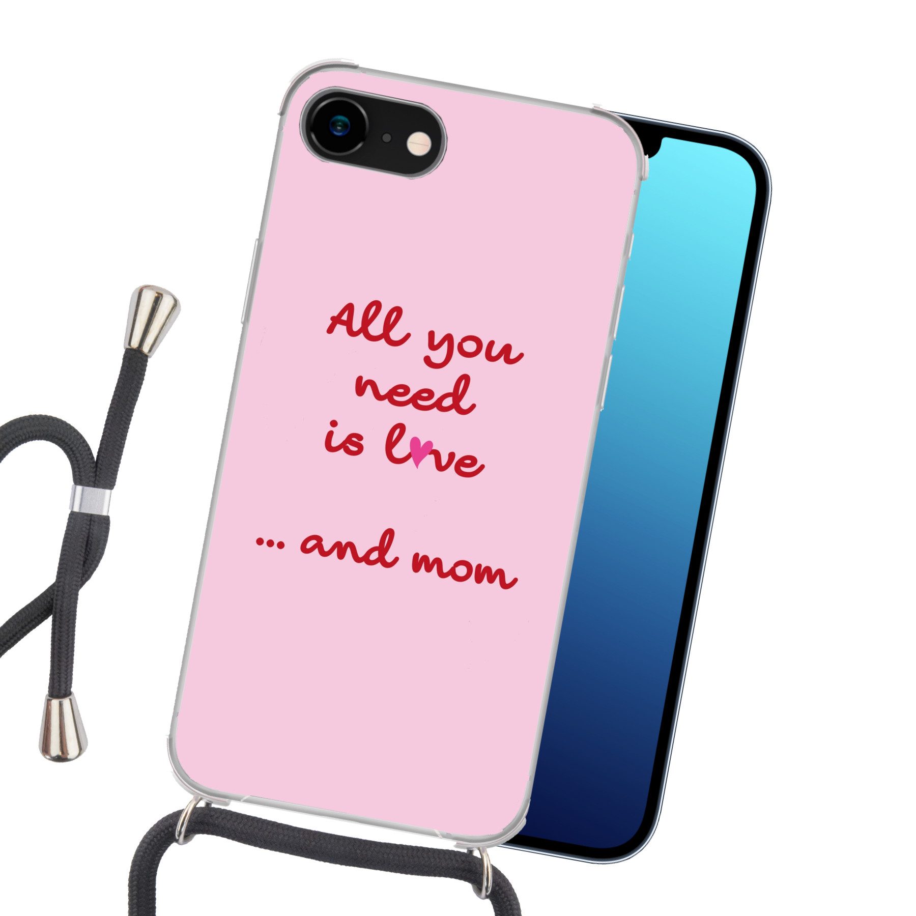 MuchoWow Handyhülle für Apple iPhone 8 Mutter - Liebe - Text - Rot, Tragbare Handyhüllen mit Kette zum umhängen, Handykette Handyband