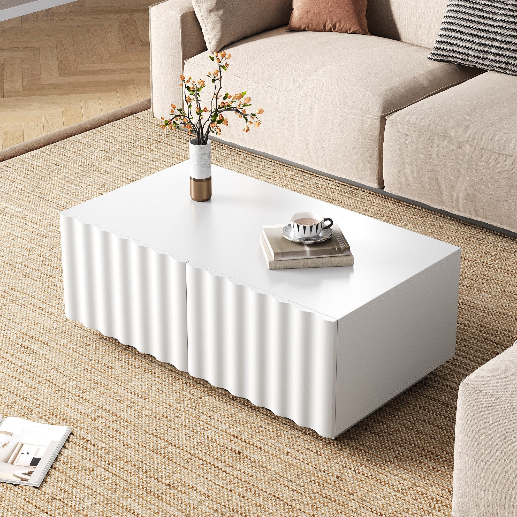 Merax Couchtisch mit Wellenmuster und 2 Schubladen (1-St), Wohnzimmertisch mit Stauraum, 100x50x40 cm – Bild 3 von 5