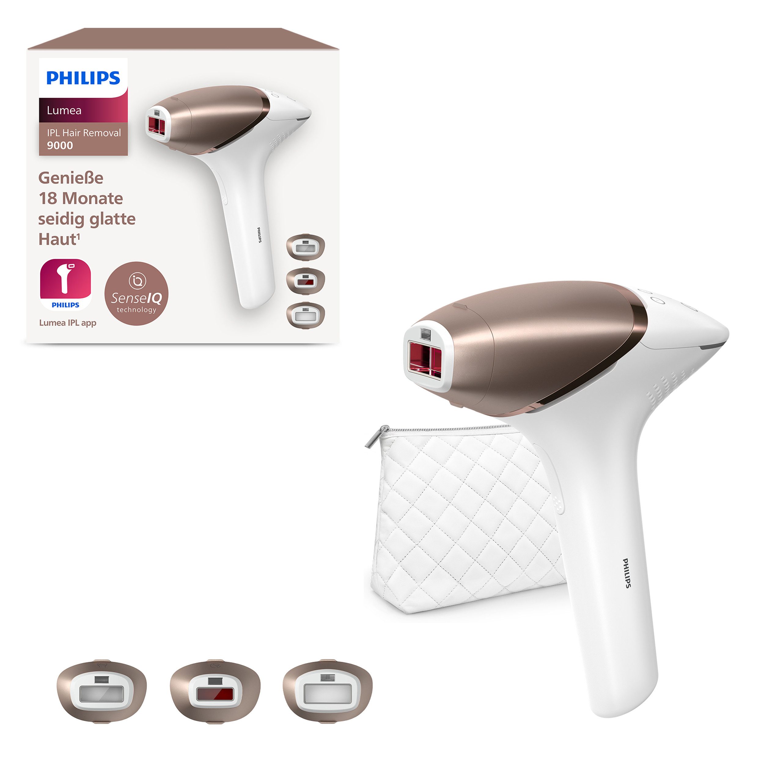 Philips IPL-Haarentferner Lumea S9000 BRI955/00, 450.000 Lichtimpulse, 3 Aufsätze (Körper, Gesicht und Präzisionsaufsatz), kabellos