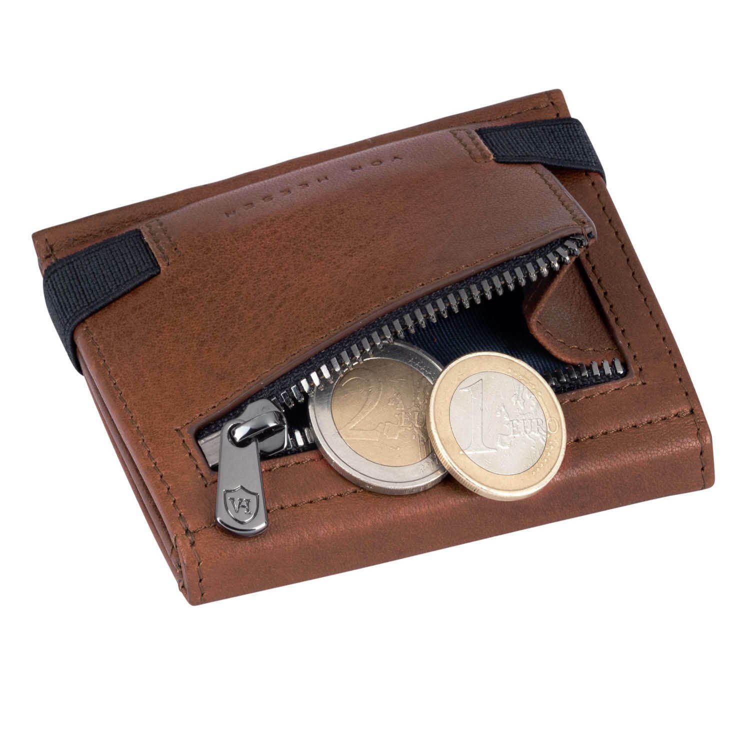 VON HEESEN Geldbörse Whizz Wallet Geldbeutel inkl. Geschenkbox Cognac-Braun Wallet & & RFID-Schutz Mini-Münzfach, Kartenfächer mit Portemonnaie Slim 5
