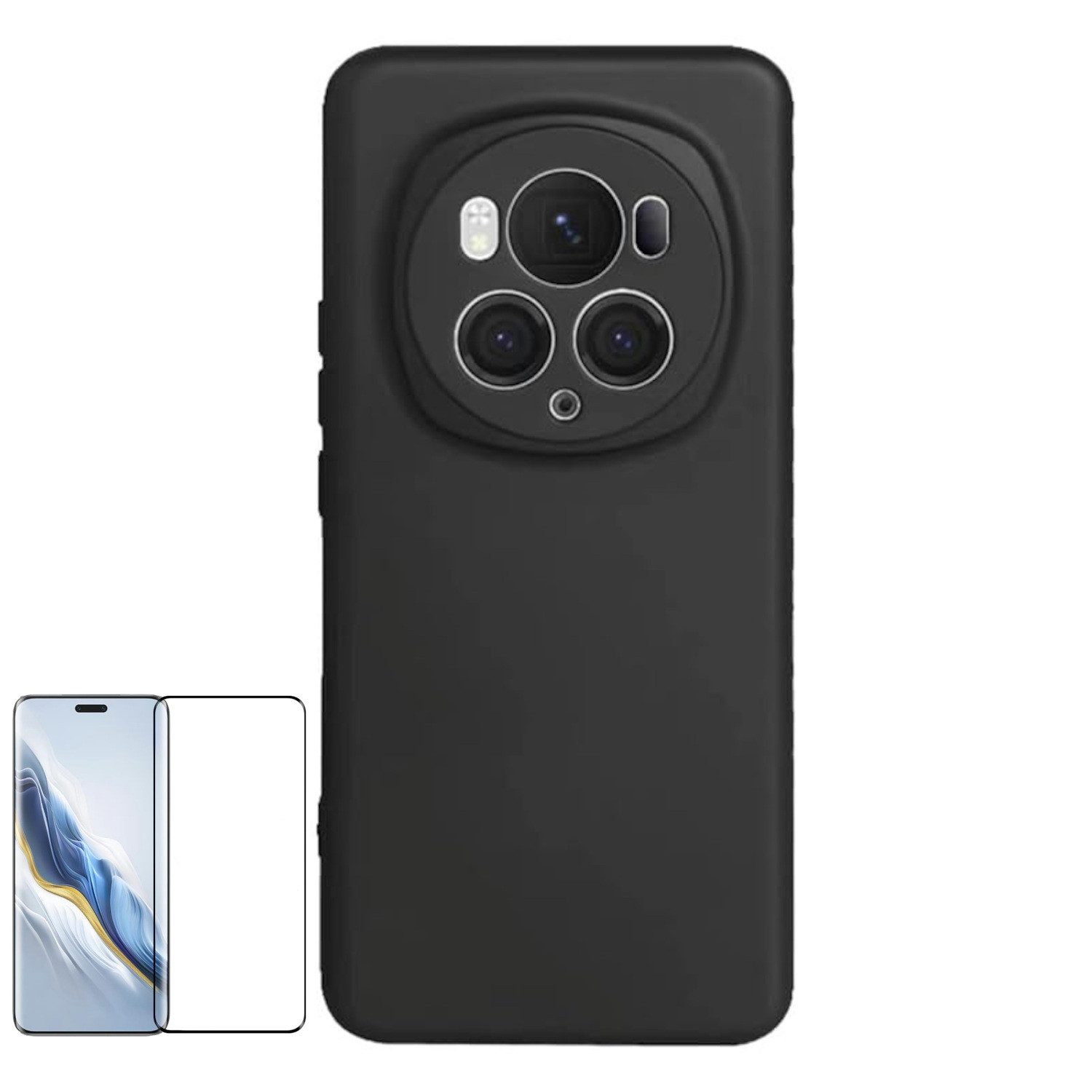 Wigento Handyhülle Für Honor Magic 6 Pro TPU Silikon Hülle dünn Schwarz + 4D Curved Glas