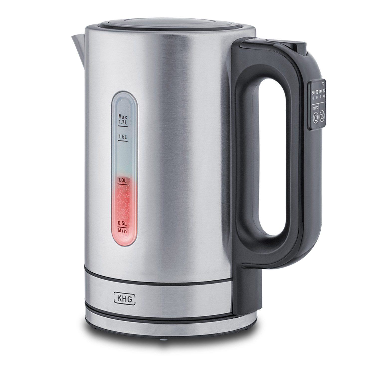 KHG Wasserkocher WK-1703 ES aus Edelstahl, 1,7 Liter, 5 Temperaturstufen 50-100°C, 1.7 l