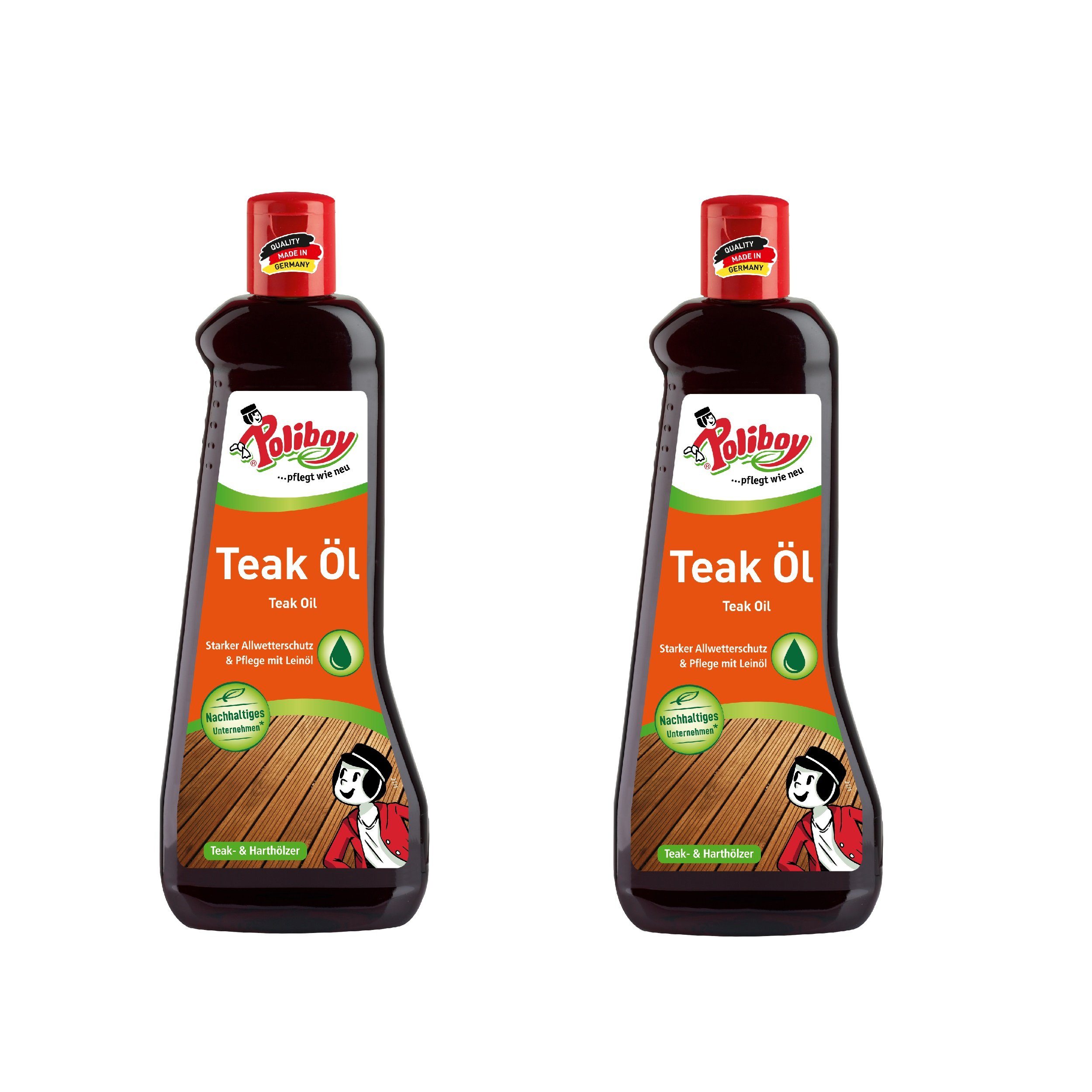 poliboy Teak Öl dunkel - 2x0,5 Liter- für geölte, naturbelassene Gegenstände Holzreiniger (reinigt, pflegt und schützt - Made in Germany)