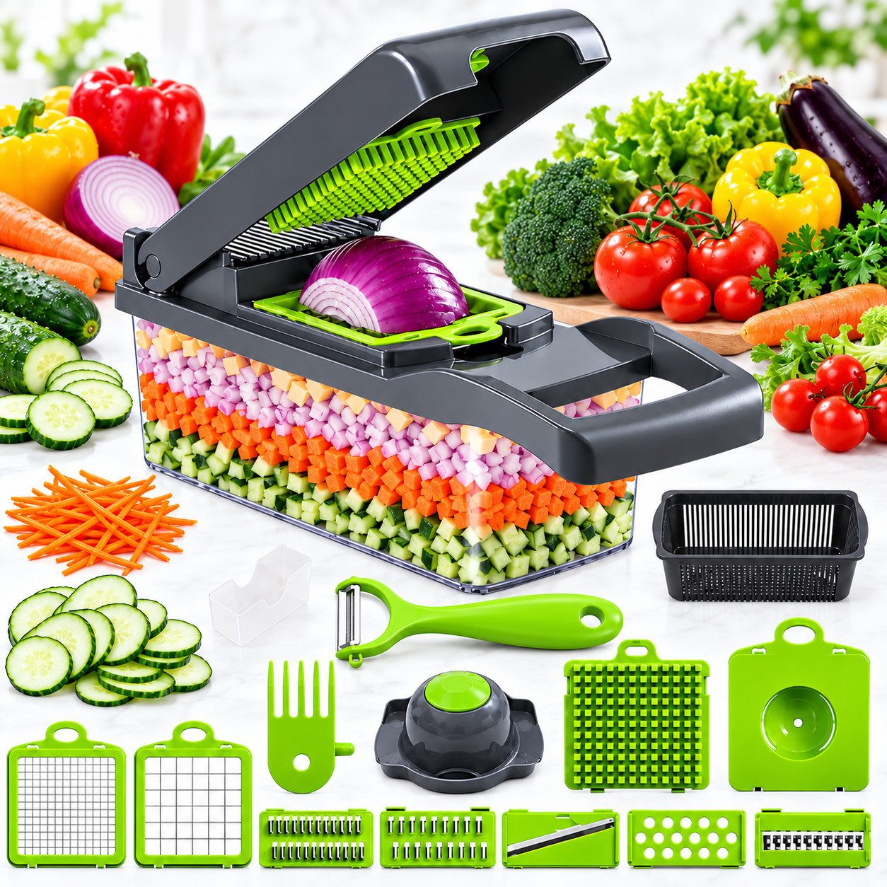 Fyrove Gemüse-Scheibenschneider Gemüsehobel, 16-in-1 Multischneider mit Auffangbehälter, Mandoline, (Set), platzsparend, zum effektiven & einfachen Kochen