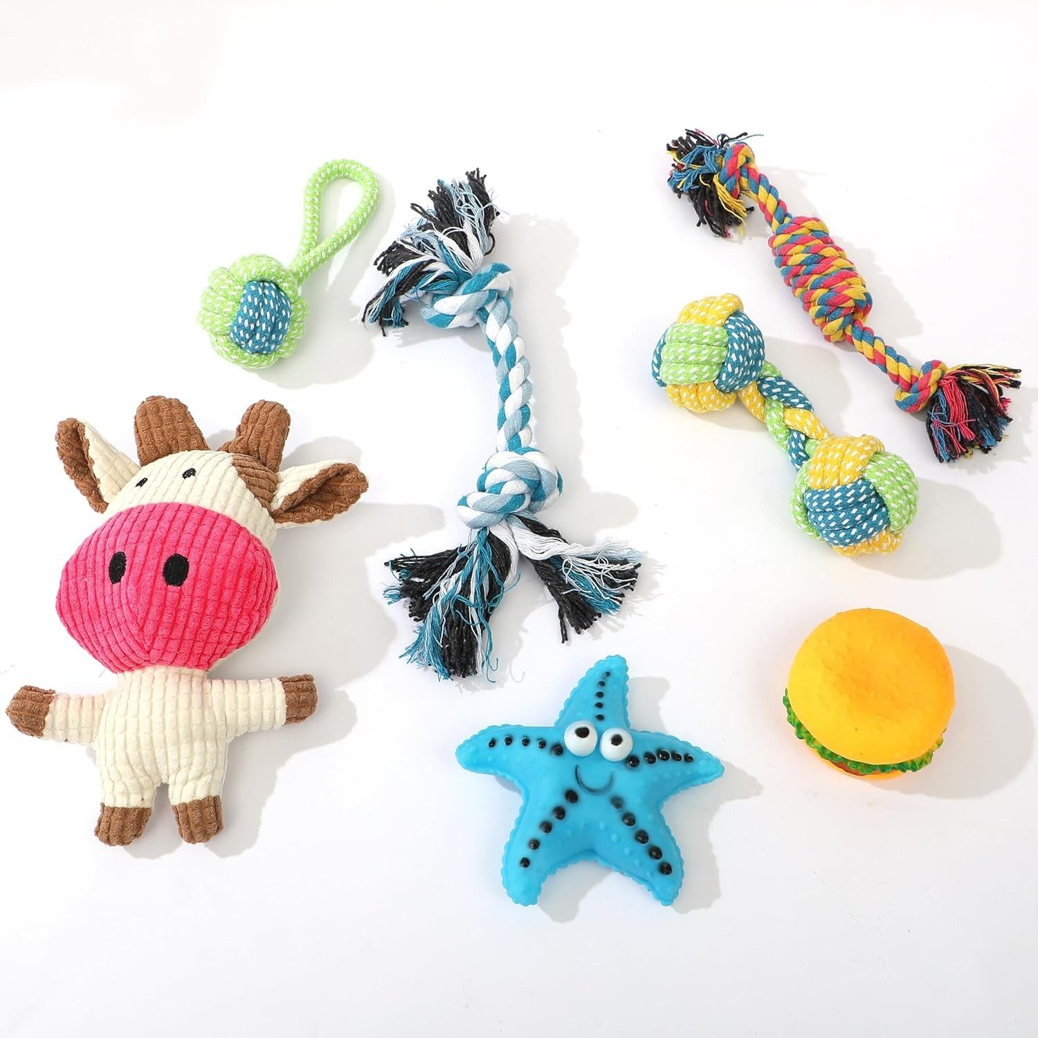 FUNFY Жевательные игрушки Welpen Жевательные игрушки Set 7tlg Seil Ball Quietsch Star Burger, (Hundespielzeug Set), Zahnung Training Interaktiv