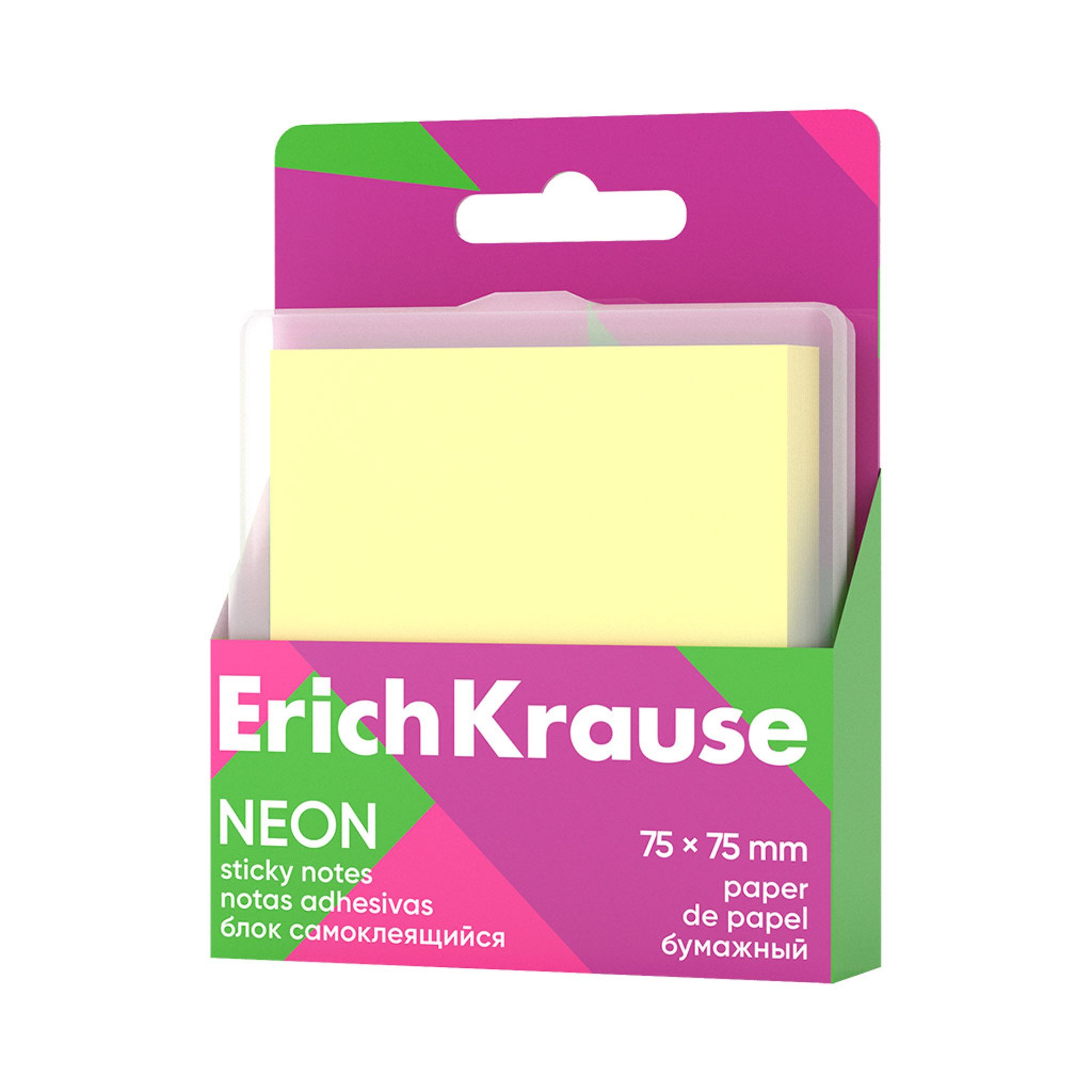Erich Krause Haftnotizblock, Haftnotizen 75x75mm NEON wiederablösbar 80 Blatt Gelb