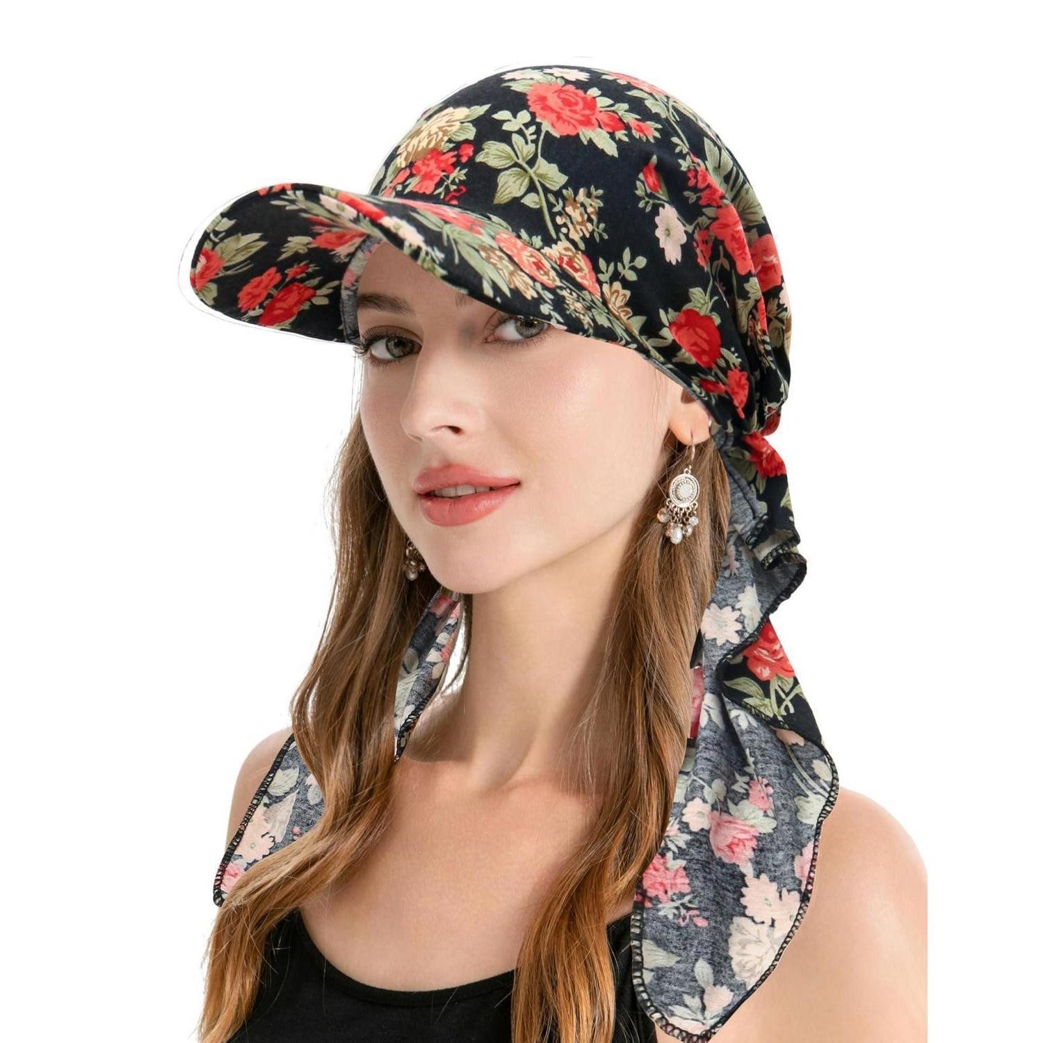 LuxusKollektion Beanie Chemo Kopfbedeckung Damen Krempe Visier Mütze Blumen Rot Schwarz