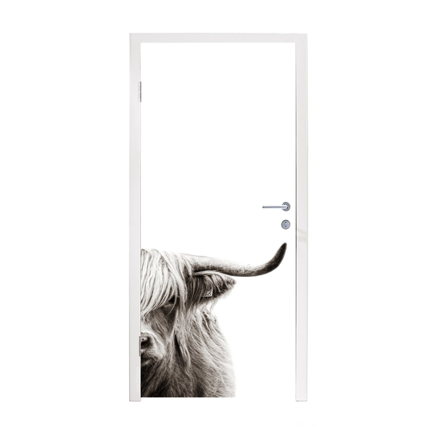 MuchoWow Türtapete Schottischer Highlander - Tiere - Schwarz - Weiß, Matt, bedruckt, (1 St), Fototapete für Tür, Türaufkleber, 75x205 cm | Türtapeten