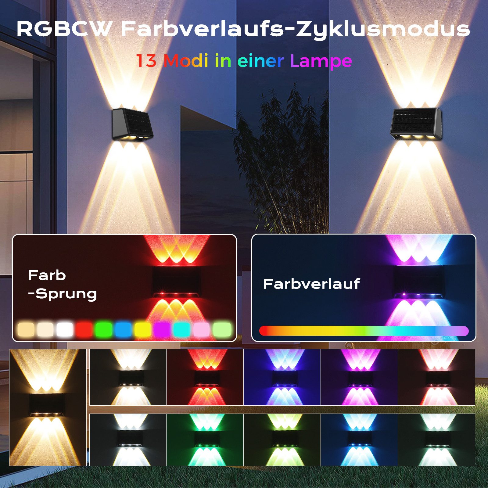 Quntis LED Solarleuchte wandleuchten Solarlampen, solarleuchten für außen garten 13 Farb IP65, LED fest integriert, Warmweiß, starker Akku mit großen Panel, Warmweiß/Kaltweiß/RGB Balkon Zaun Mauer