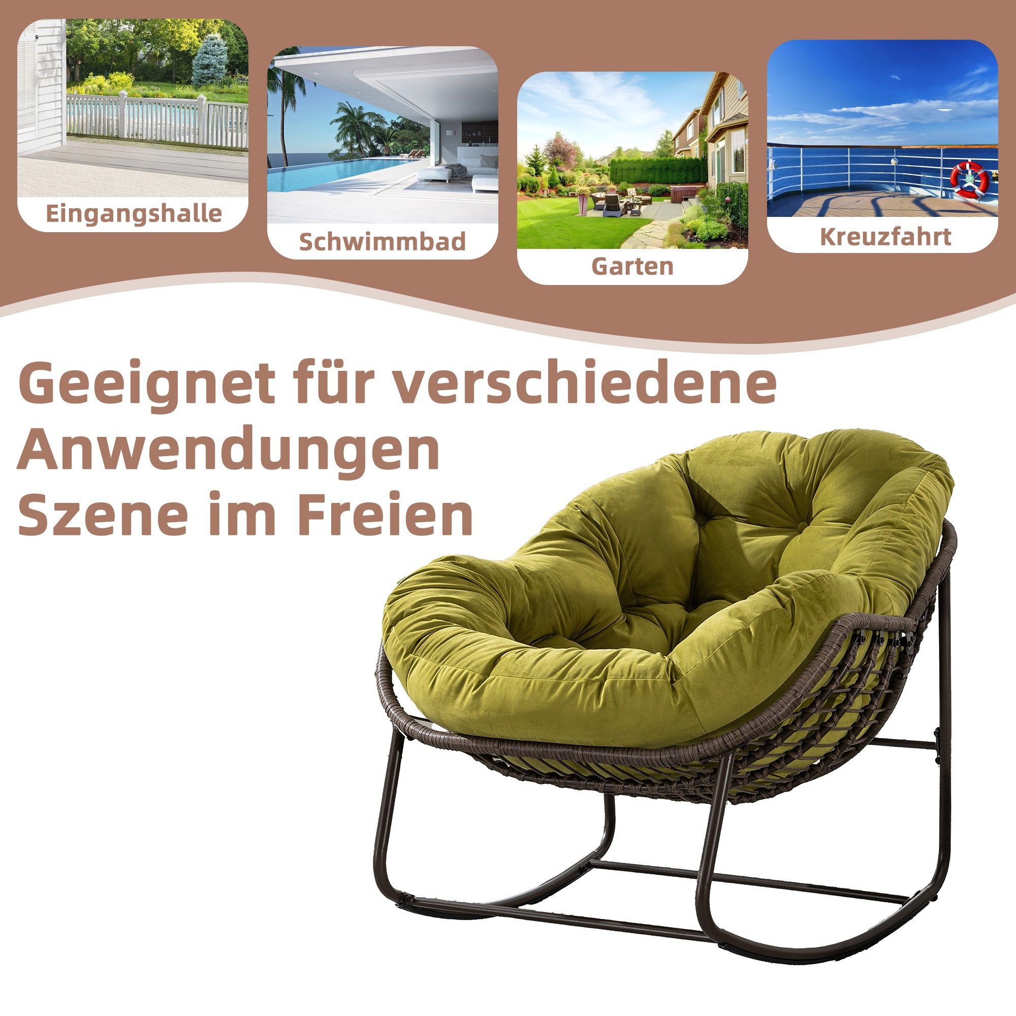 LVHOM Schaukelstuhl dick/gepolsterte Kissen, Rattanstuhl mit Stahlrahmen, Lounge Sessel (Großformat B110.5xT94.5xH80cm,160kg Tragfähigkeit,Dicke Kissen, MEHRE F – Bild 4 von 5
