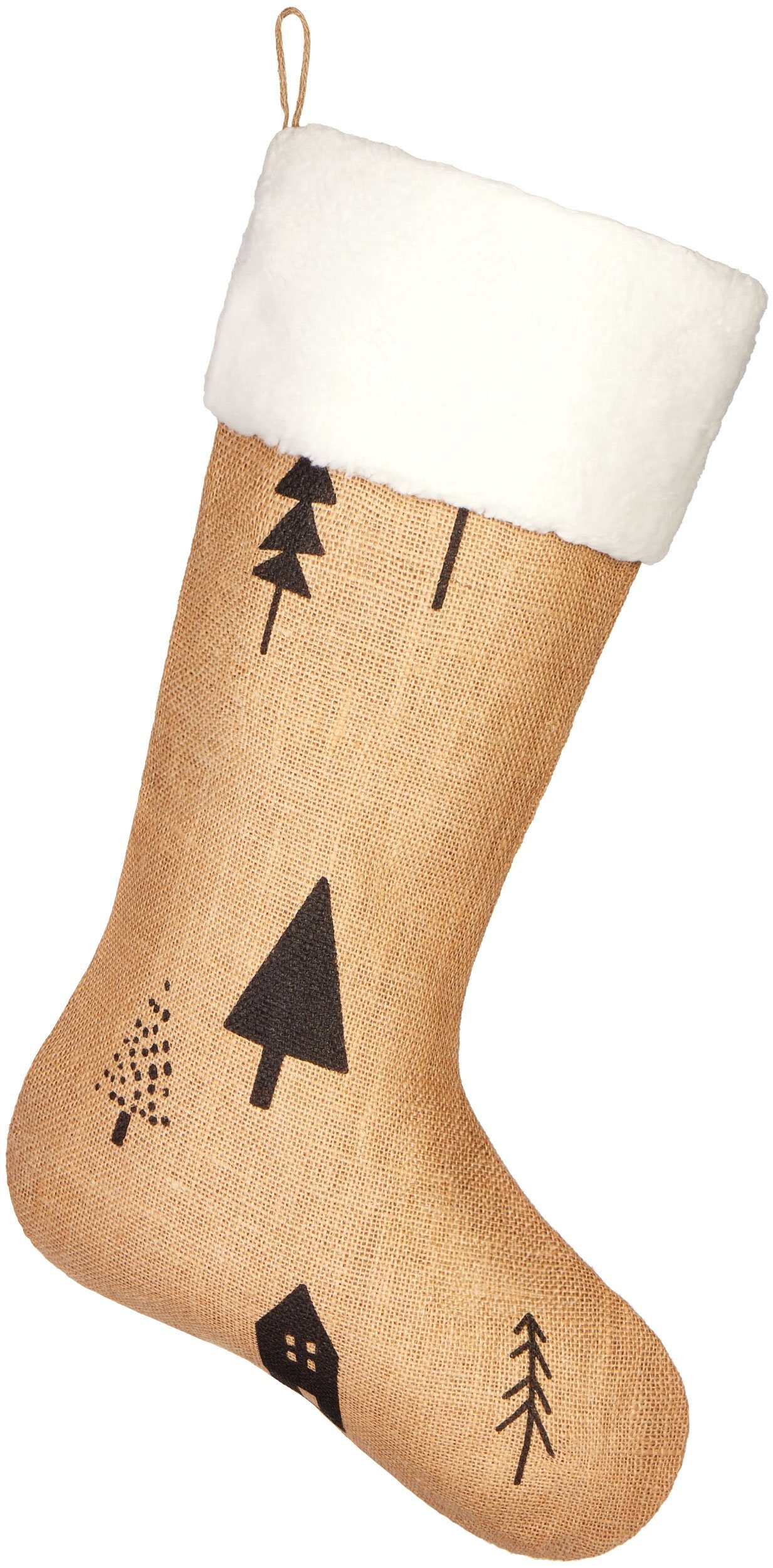 BRUBAKER Nikolausstiefel Weihnachtsstrumpf zum Befüllen und Aufhängen - 52 cm Nikolausstrumpf (1 St., Socken/Stiefel für Weihnachten und Nikolaus), Weihnachtsdeko Strümpfe Weihnachtssocken aus Jute - Haus im Wald