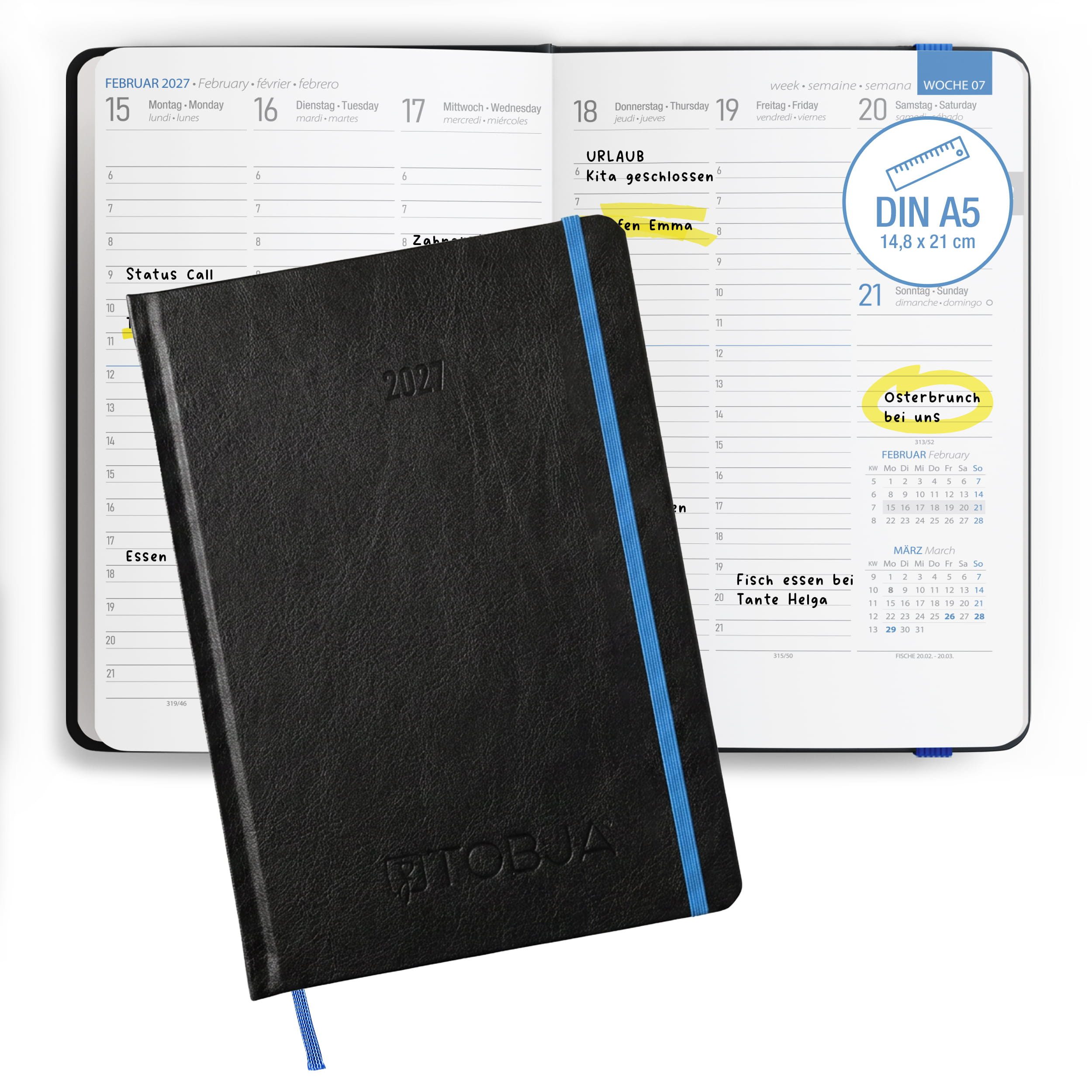 TOBJA Buchkalender Buchkalender 2027 A5 Nero Blau Hardcover Halbstunden 1 Woche 2 Seiten, Halbstunden-Taktung, FSC-Papier, Hardcover, Griffregister