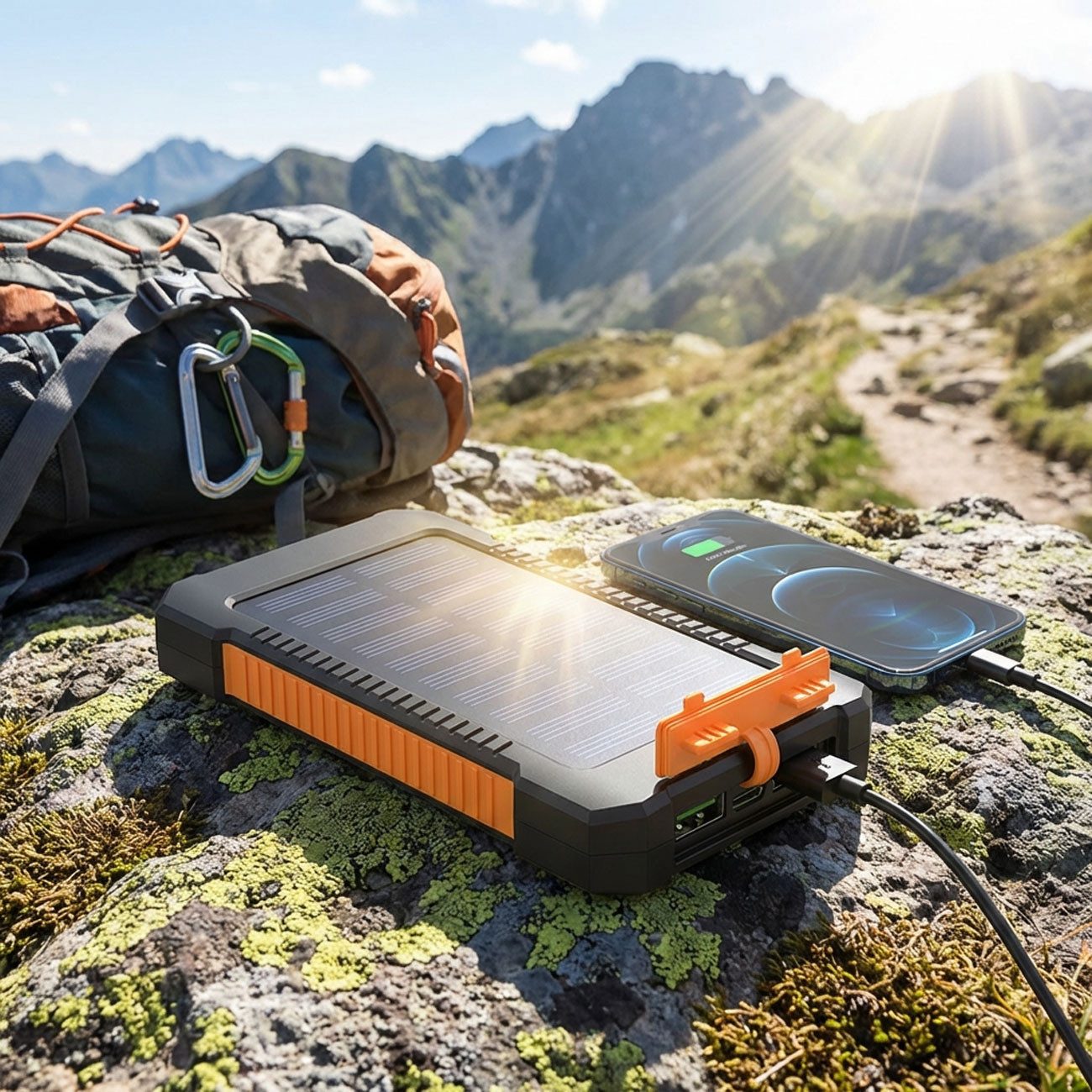 shop'n smile ideoon Solar-Powerbank 8.000 mAh IP65 Outdoor-Ladestation 2x USB-A&LED-Licht Solar Powerbank Wiederaufladbarer Lithium-Ionen-Akku 8000 mAh, 3 Lichtmodi: Dauer-, Blink- & SOS-Licht / USB-C Eingang: 5V/2A