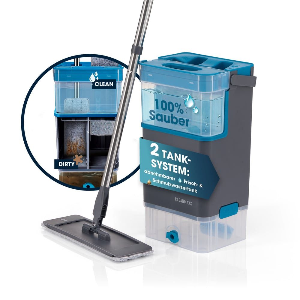 CLEANmaxx Wischmopp DuoTank Bodenreiniger mit abnehmbaren Tanks, Wash- & Dry, (8-St), Bodenwischer mit 360° Kopf, Bodenreiniger Set inkl. 2 Mikrofasertücher