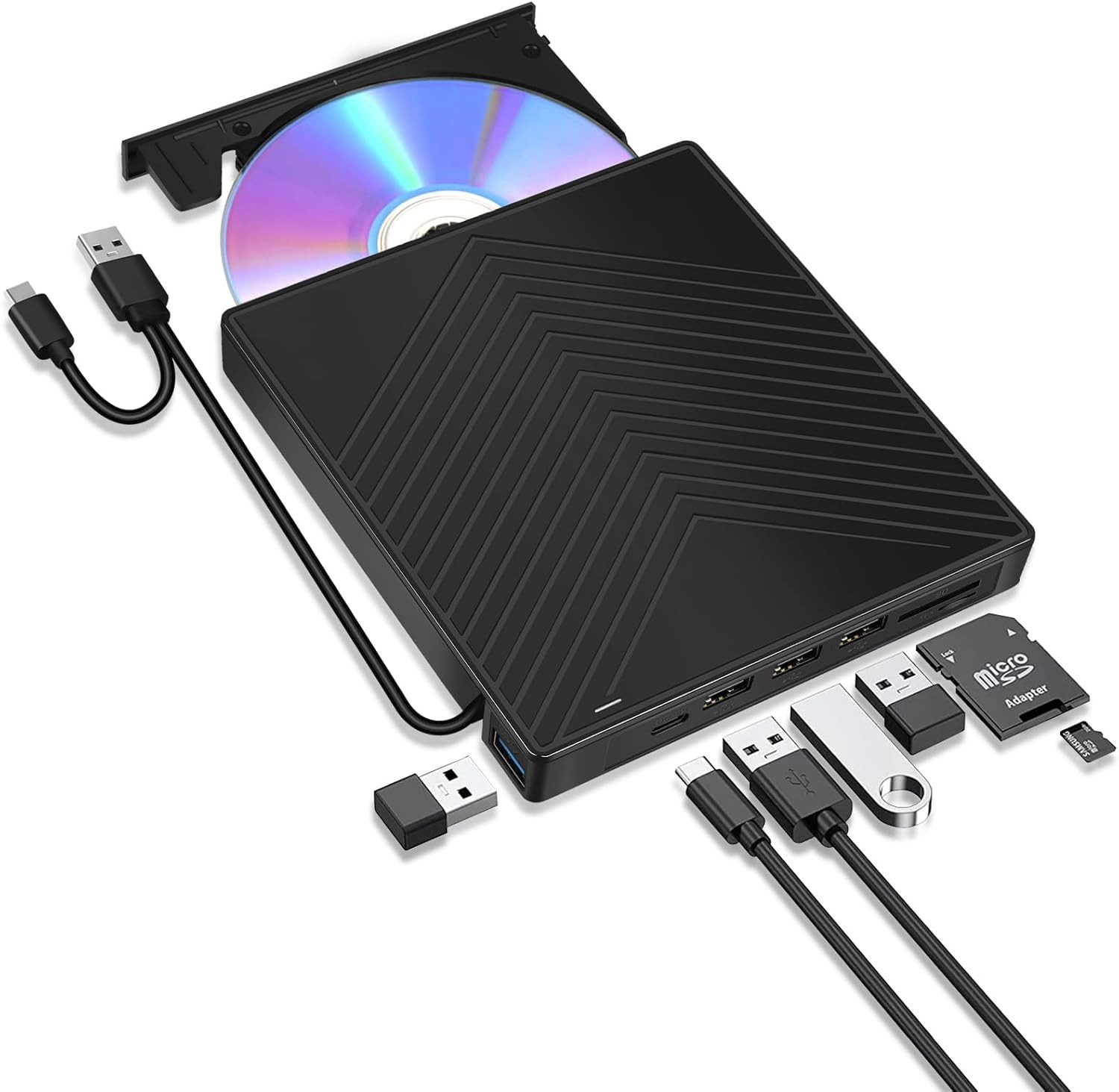 Ophy 7-in-1 externes CD/DVD Laufwerk (USB 3.0) – schlanker DVD-Brenner (mit 4 Anschlüssen & 2 SD/TF-Kartensteckplätzen, für PC, Laptop, Mac & Linux (Windows 11/10/8)