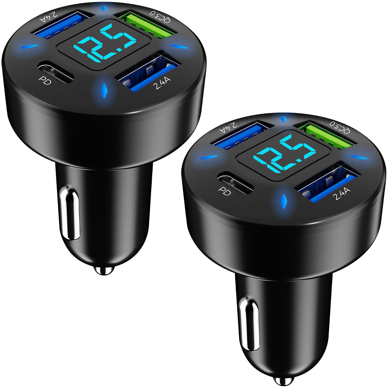 Casativo Beleuchtetes 4 Port Auto USB-Ladegerät USB-Ladegerät (2-tlg., 50 Watt, Spannungsanzeige, 1x USB-C & 3x USB-A)