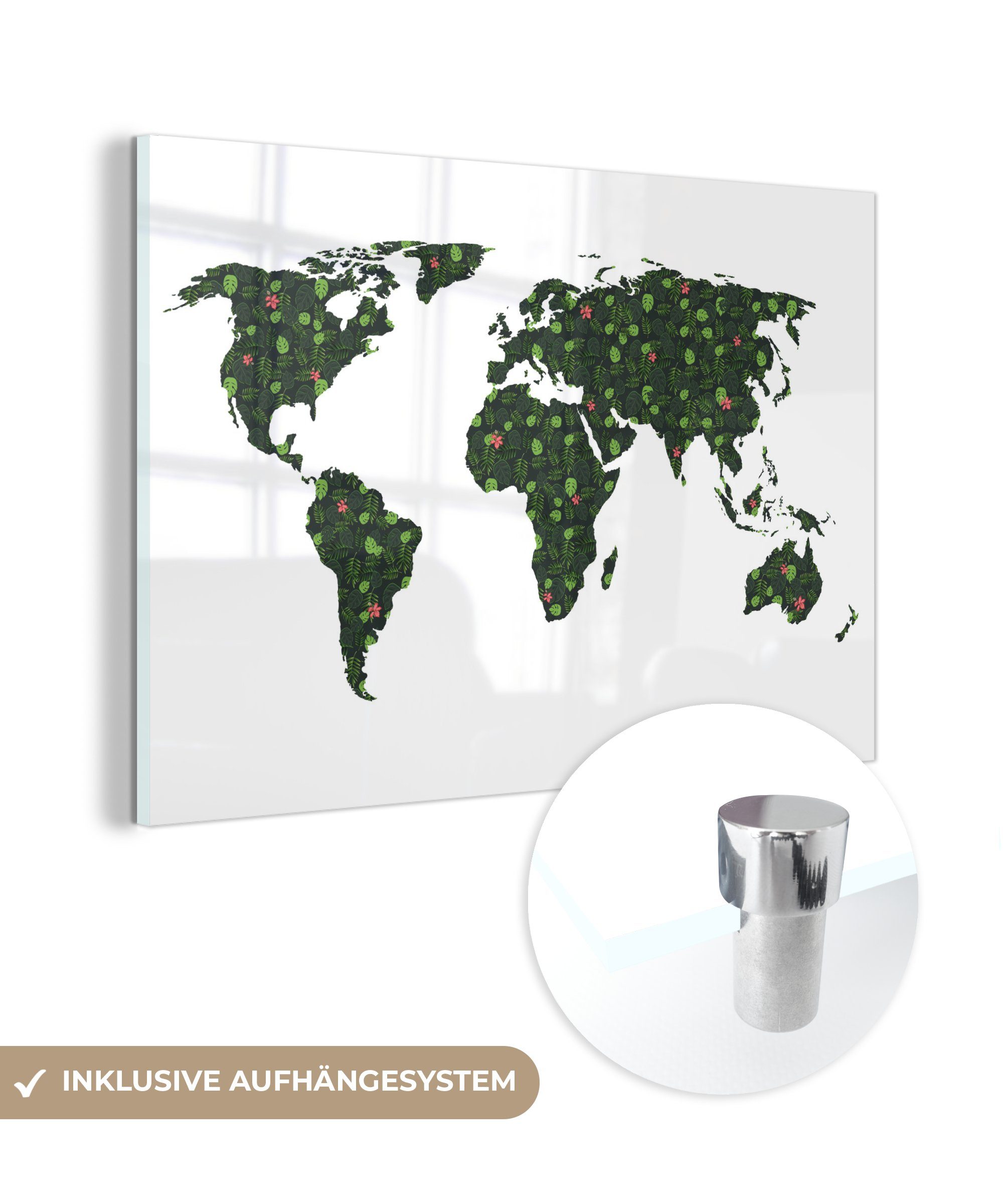 MuchoWow Acrylglasbild Weltkarte - Tropische Pflanzen - Weiß, (1 St), Glasbilder - Bilder auf Glas Wandbild - Foto auf Glas - Wanddekoration | Bilder