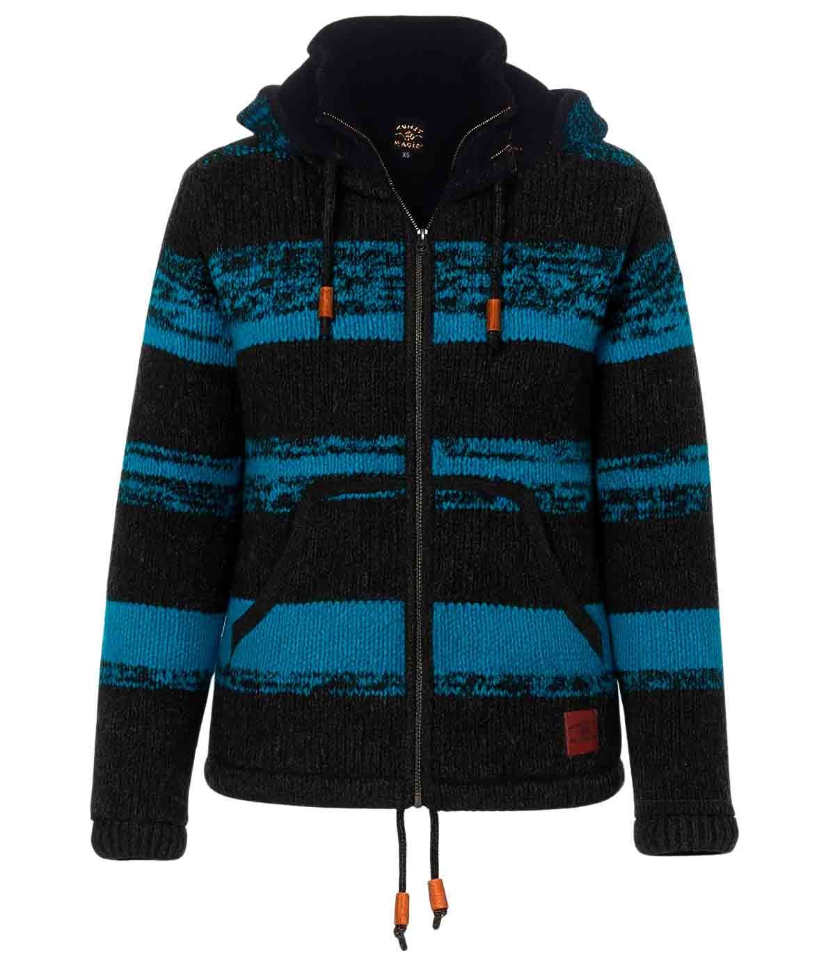 KUNST UND MAGIE Kapuzenstrickjacke Strickjacke Wolle Jacke Fleecefutter Kapuze abnehmbar Winterjacke bunt