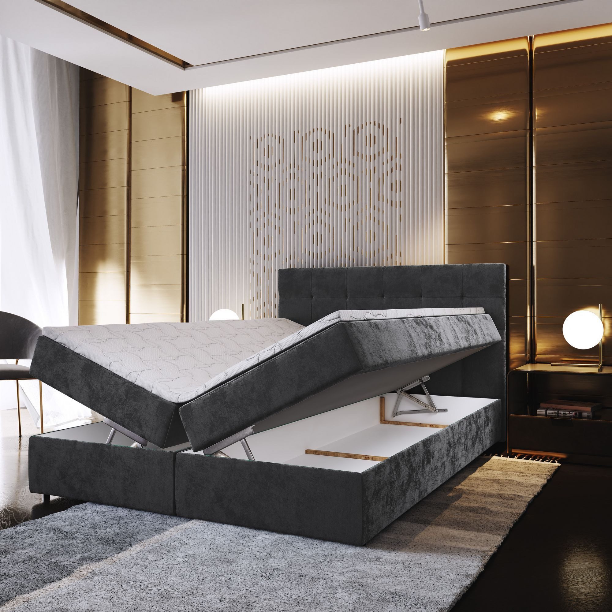 Masseno Boxbett GLOS 160x200 cm mit Bonell Matratze und Topper, Doppelbett, Polsterbett mit Kopfteil, Boxspringbett