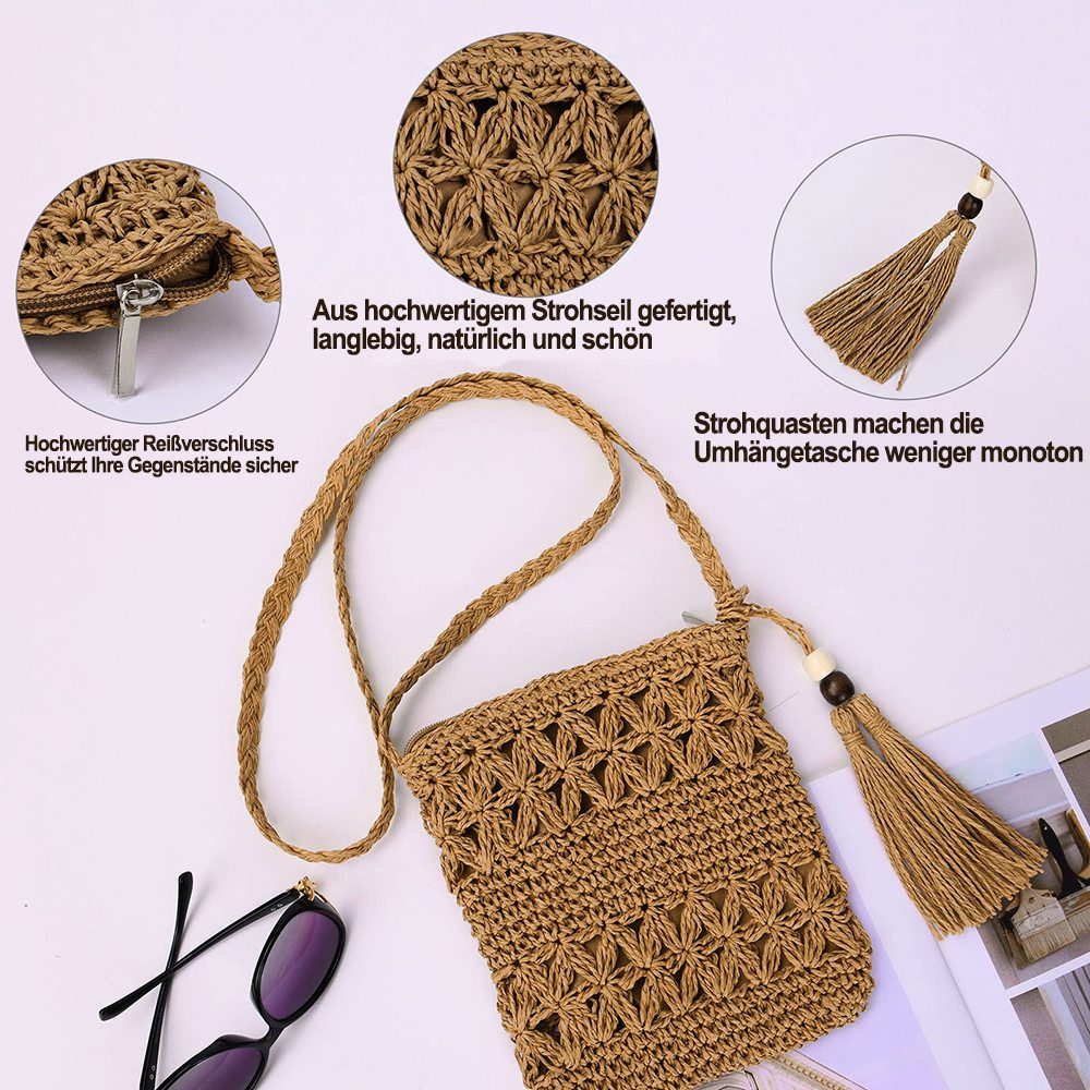 Oemmn Schultertasche Strandtasche für Damen, gehäkelte Sommertasche,Sommertasche, Geflochtene Tasche Boho,Vintage Strandtasche aus Stroh mit Quaste