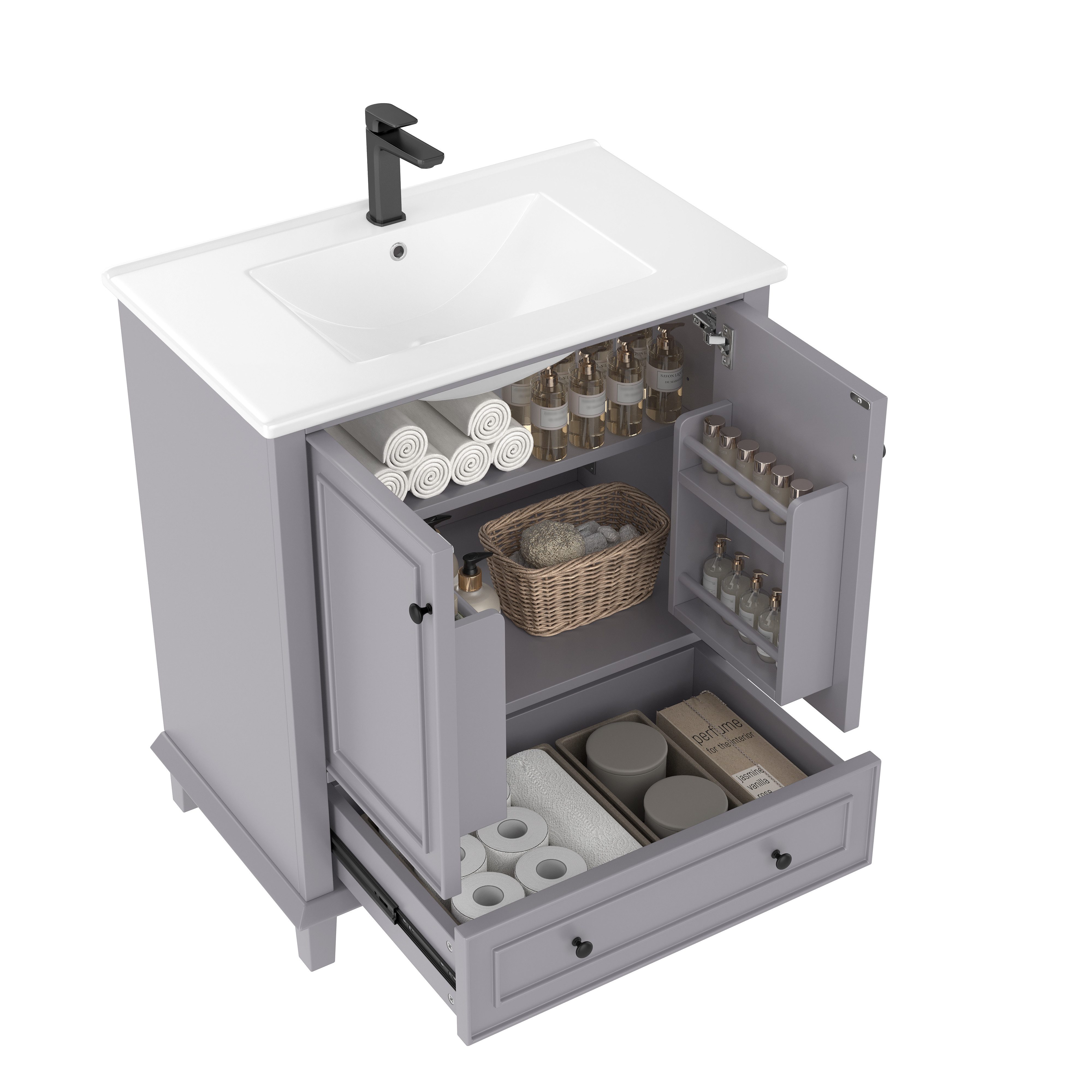 i@home Waschbeckenschrank Badezimmerschrank, weiß /grau (Packung set) mit Waschbeck, Waschtisch und Schublade,76x46x87cm